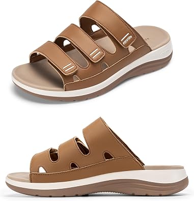 FitVille Womens Wide Slides Sandals with Arch Support, Comfortable Summer Flats Sandals for Beach Vacation Walking Travel