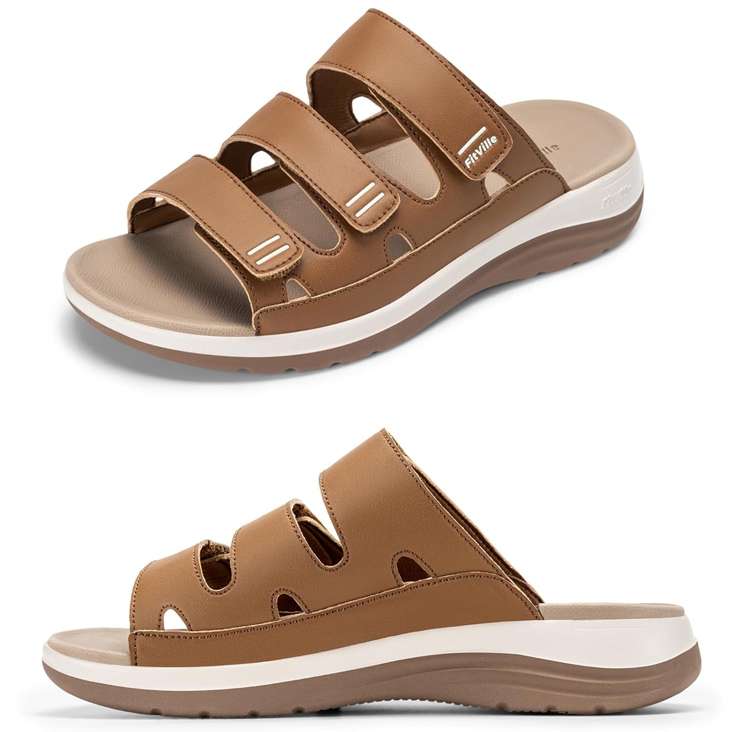 FitVille Womens Wide Slides Sandals with Arch Support Comfortable Summer Flats Sandals for Beach Vacation Walking Travel