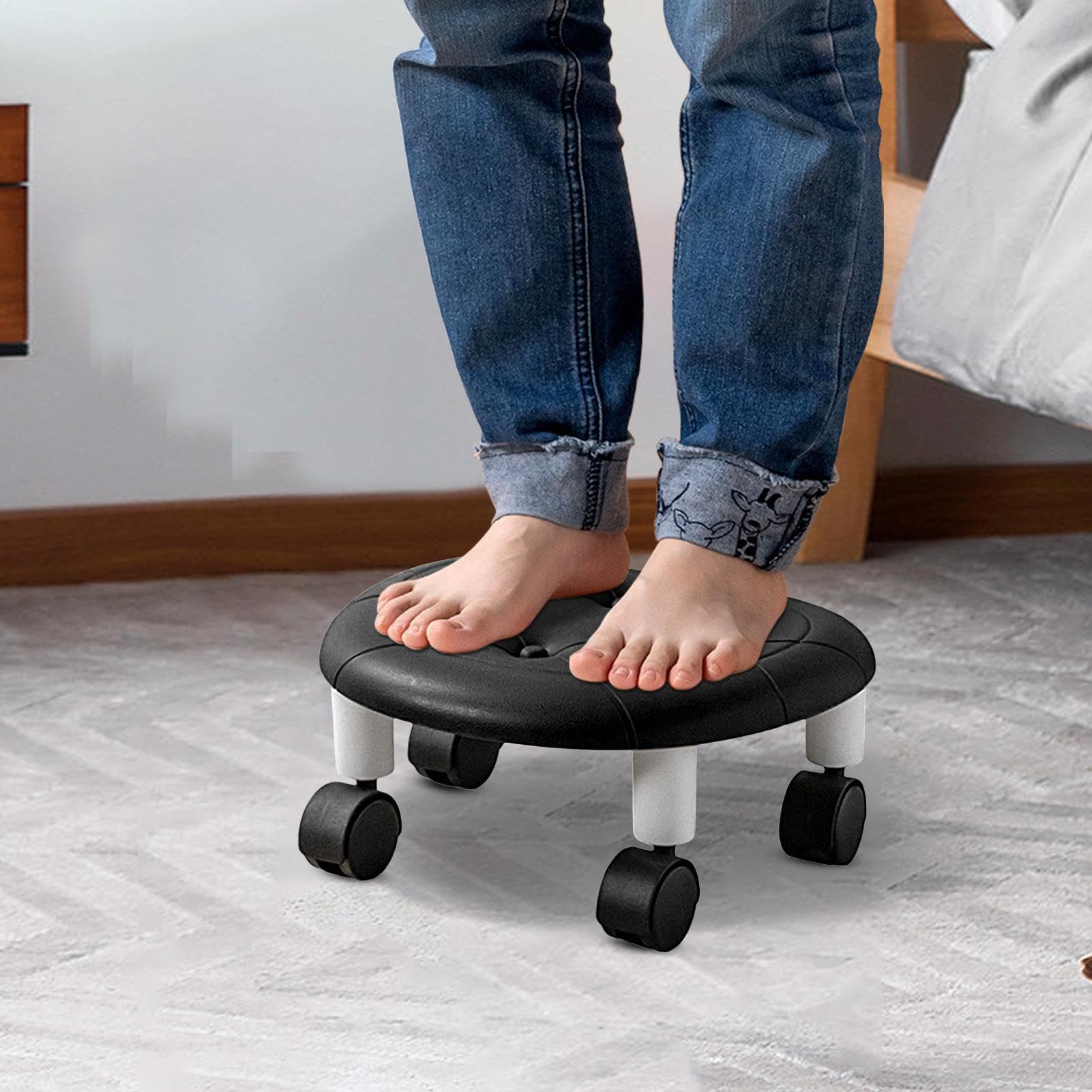 Taburete con ruedas bajo - Banco giratorio | 360 herramientas para ajuste de zapatos, estación de arte de uñas, cómodo diseño ergonómico con ruedas para sala de spa, soporte de asiento de tareas en