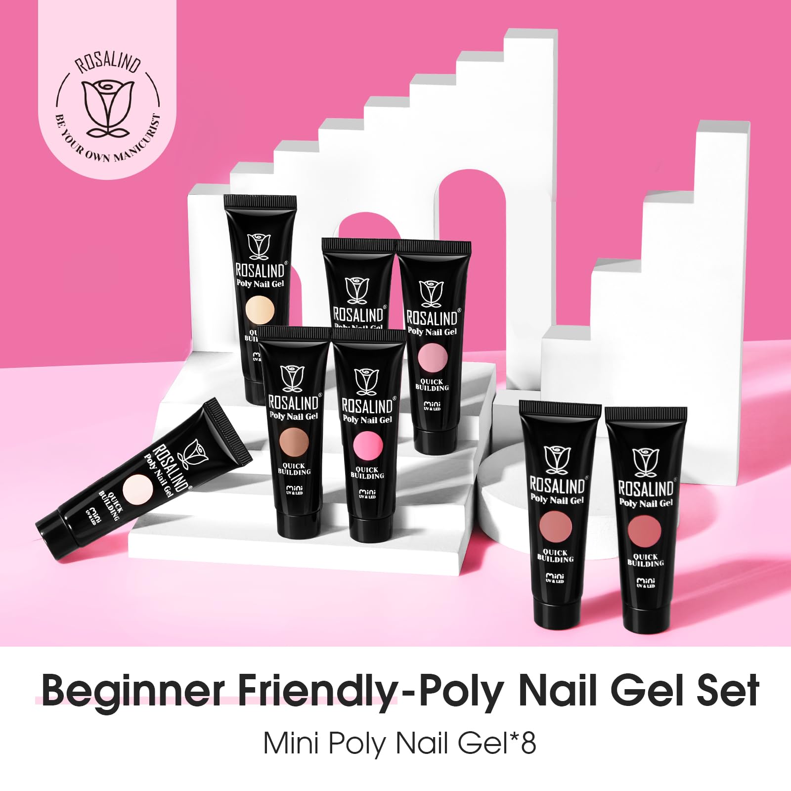 ROSALIND Poly Nail Gel Set, 8 Colors 10g Clear Pretty Poly Extension Gel Nail Set, Nude Pink Poly Nail Gel Kit Builder Gel Extension Kit for Nail Art Design Easy DIY Gift for Women