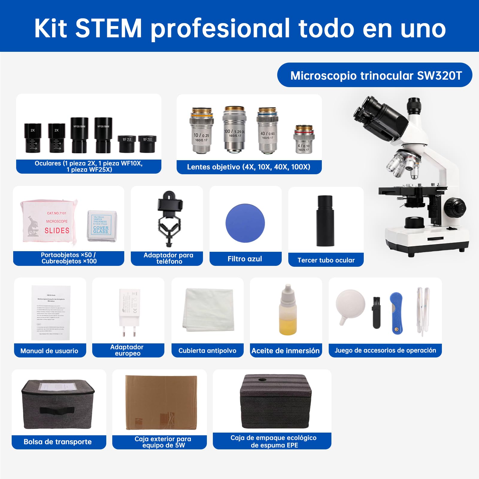 SWIFT SW320T Microscopio trinocular Profesional Compuesto de Laboratorio | 40X-5000X, soporte para teléfono y accesorios para experimentos, cuerpo de metal para adultos y estudiantes