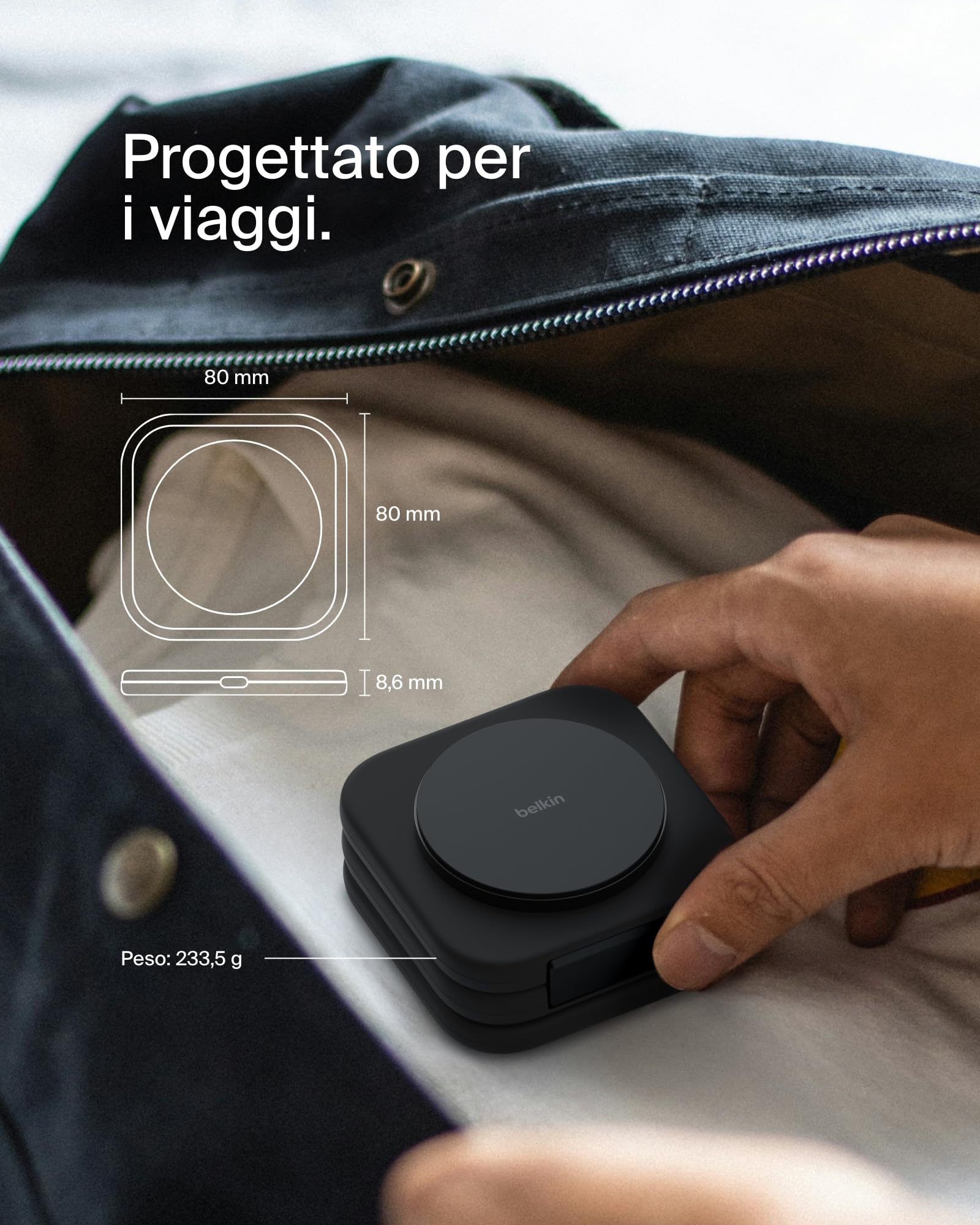 Belkin BoostCharge Pro Caricabatteria Wireless pieghevole da viaggio 3 in 1 con Qi2, 15W, tappetino di ricarica wireless MagSafe per iPhone 17, Air, Pixelsnap, Apple Watch e AirPods