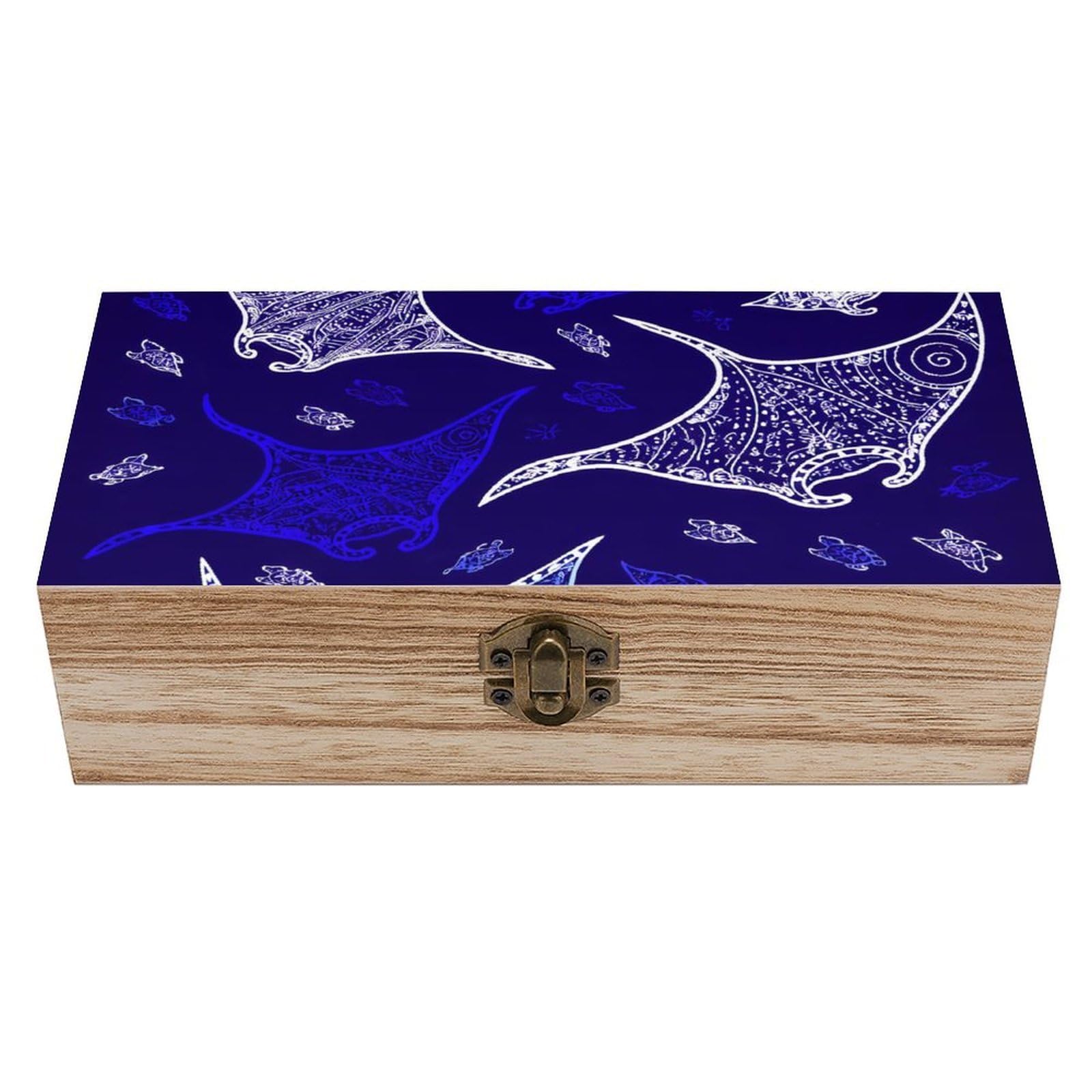 SMAZDFXX Manta Ray And Fish Wooden Storage Box With Hinged Lid Decorative Front Clasp Keepsake Boxes