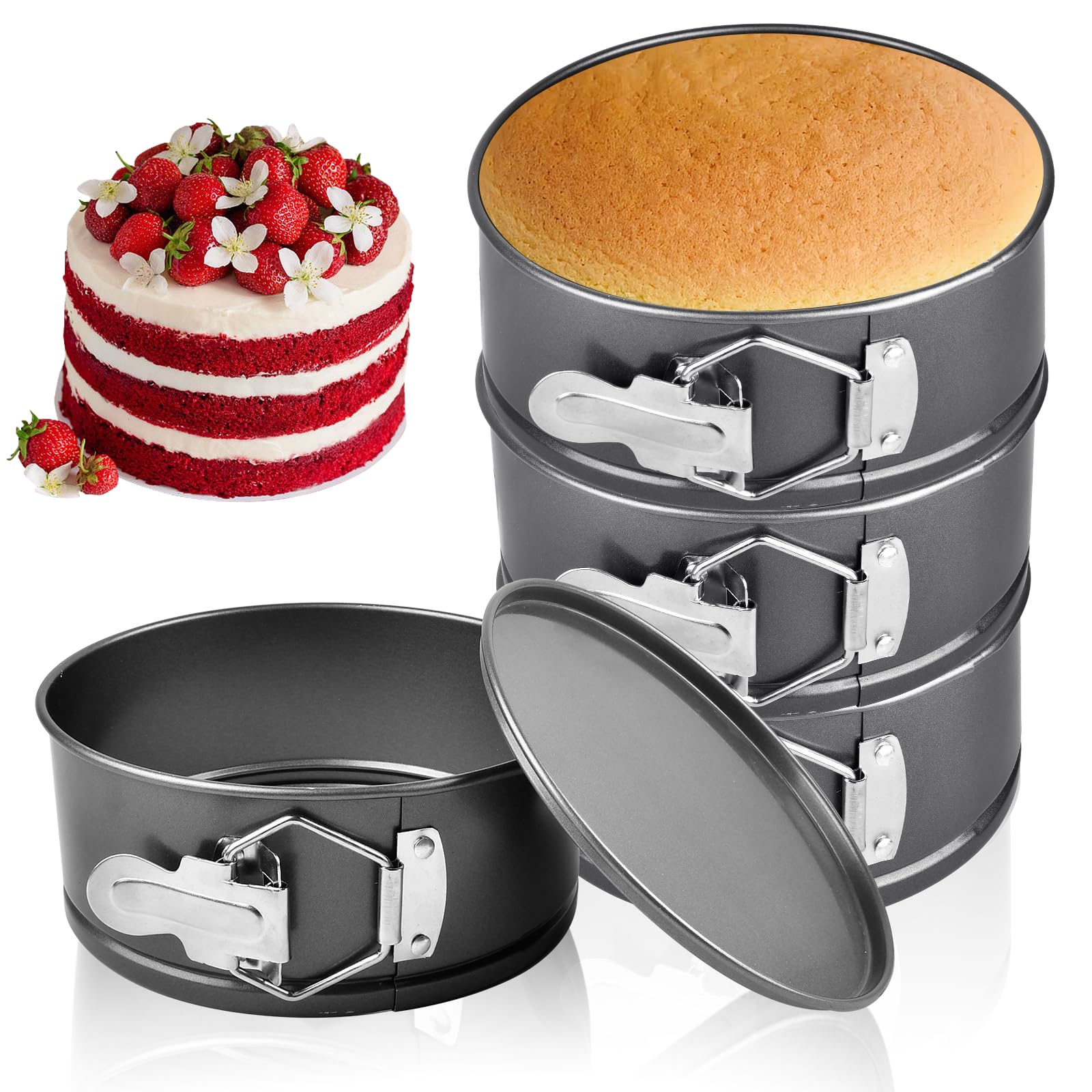 Akamino 4 Pcs 6 Inch Springform Pan,Non-Stick Carbon Steel Cheesecake Pans with Removable Bottom,Leakproof Round Baking Mold for Cake, Pizza, Quiches, Compatible with 3 Qt Instant Pot (Black)