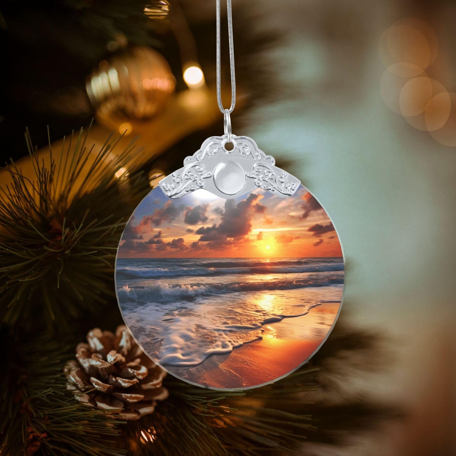 Crystal Christmas Ornaments for Christmas Tree Decoration Hanging Beach Sunrise Ornament with Gold Ribbon Crafts Round Pendant for Keepsake Gifts Glass Xmas Decor Party Supplies