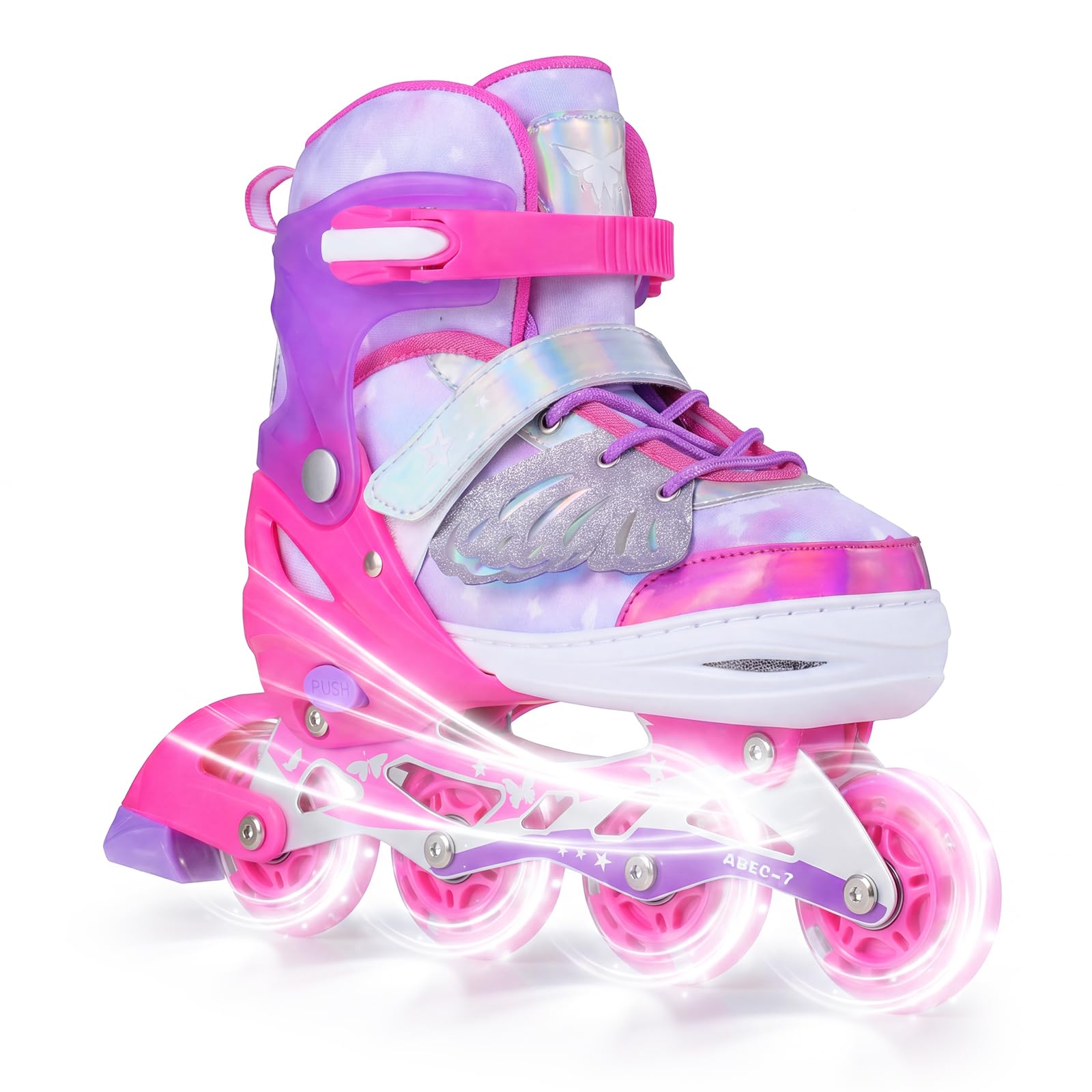 COSTWAY Kids Inline Skates for Boys & Girls, 4 Sizes Adjustable Blades Roller Skates with 4 Light-Up Wheels & Safety Protection, Outdoor Indoor Skating Sports for Toddlers Beginners (Medium,Rose)
