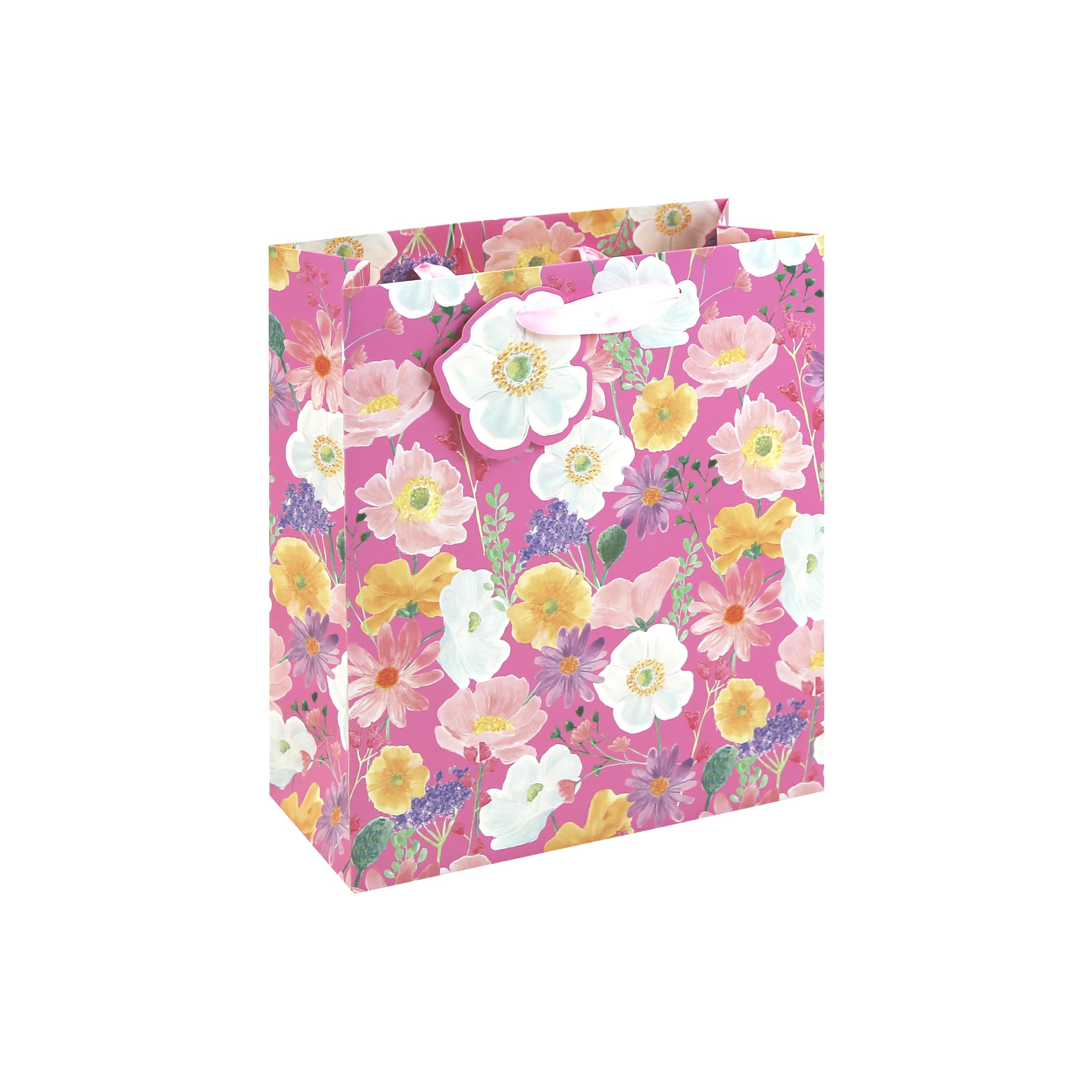 Eurowrap Bright Floral Medium Gift Bags Pack of 6 – Pink Present Bags with Colourful Flowers, Yellow Inside Print, Silk Handles & Tag – Gift Bags for Girls, Women, Birthday & Valentine’s Day