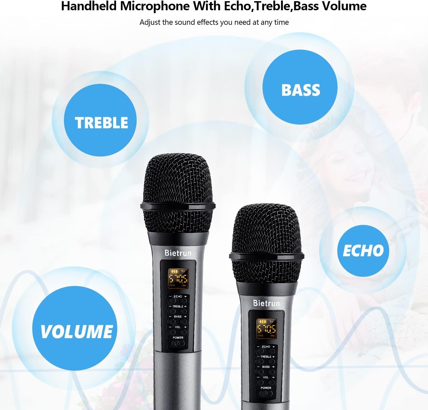 Bietrun Wireless Microphones with Echo,Treble,Bass&Bluetooth,160FT Range,Portable UHF Handheld Karaoke Dynamic Microphone System with Rechargeable Receiver for Karaoke,Singing,Amp,PA System,DJ,Stage - Image 9