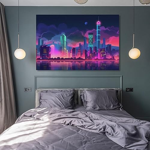 Miniatura 8 de Vaporwave Synthwave - Póster de paisaje urbano futurista de neón en lienzo, pósteres e impresiones, pinturas para decoración de pared para