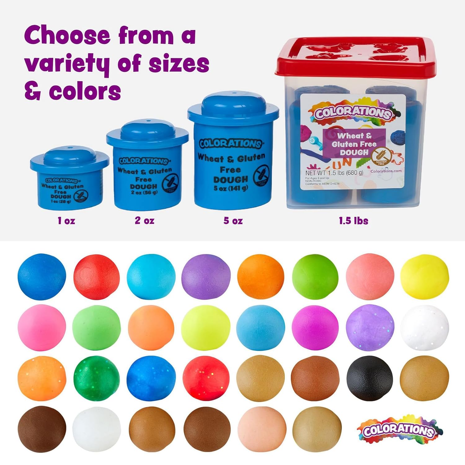 Colorations Wheat & Gluten Free Dough Variety Pack - Set of 36, 1 oz. Each - Assorted Colors - Sensory Play for Kids, Bulk Party Favors, Stocking and Easter Basket Stuffers