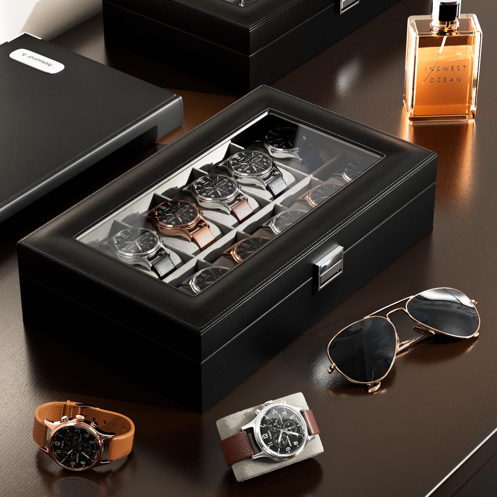 Boîte de Rangement pour Montres pour Hommes, 12 emplacements, Couvercle en Verre, Cuir PU, Noir.