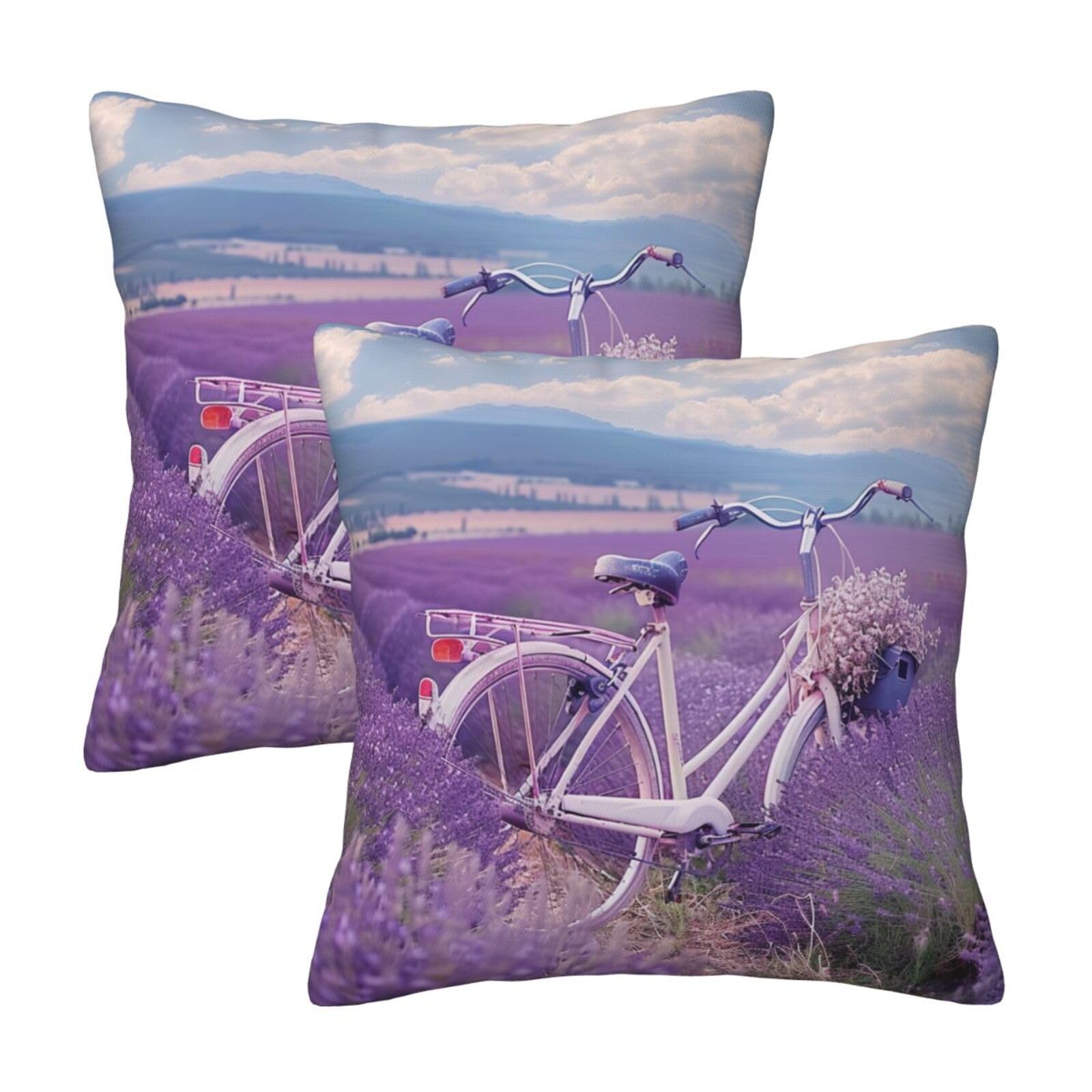 kkvhhyuo Lavender Field Retro Bike Agriculture Print Pillow Covers Set of 2, Square Decorative Cushion Covers with Hidden Zipper, Throw Pillow Cases for Living Room Sofa Bed Chair, 50x50 cm
