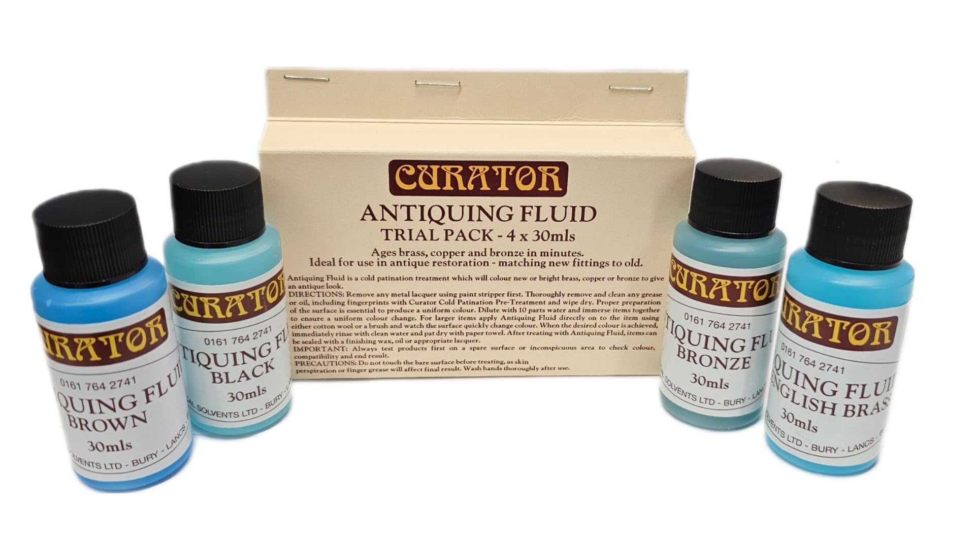 Harts Curator Antiquing Patination Fluid Sample Trial Kit Four Colours, Browm Bronze, Black and Old English Brass 30ml Bottles