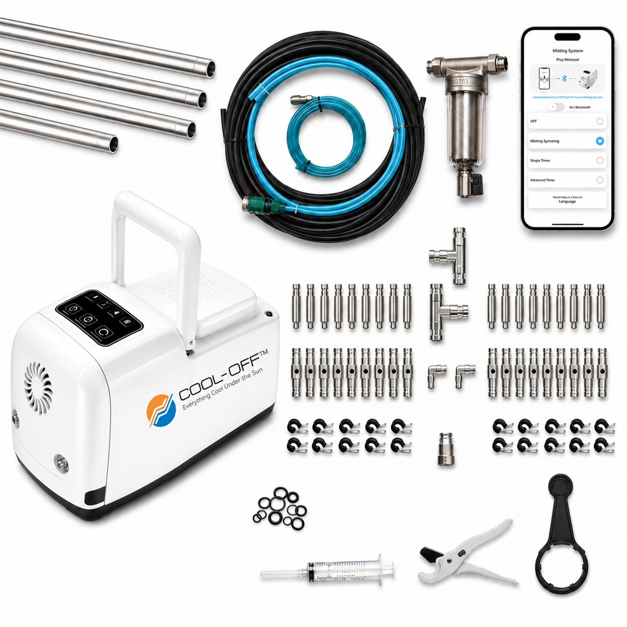 40’ High-Pressure Mist Cooling System Kit with Premium Edition Remote Pump W/App Control for Outdoor Usage Comes with CO100 Pump (.004-20 nozzles) (Black 1/4" Tubing 40 ft)