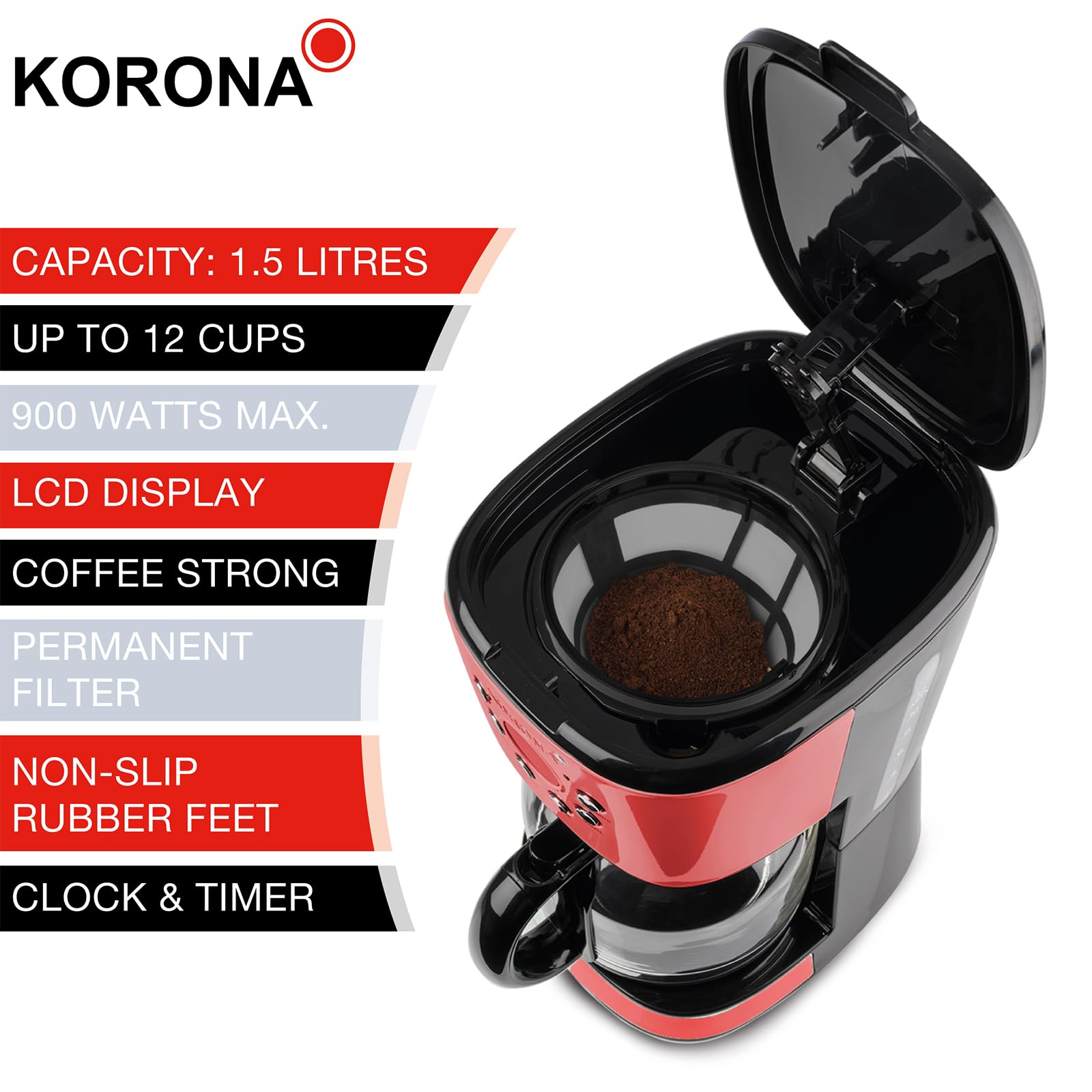 Korona 10667 - Macchina da caffè retrò, colore rosso, 1,5 litri, con filtro LCD, timer, con filtro permanente