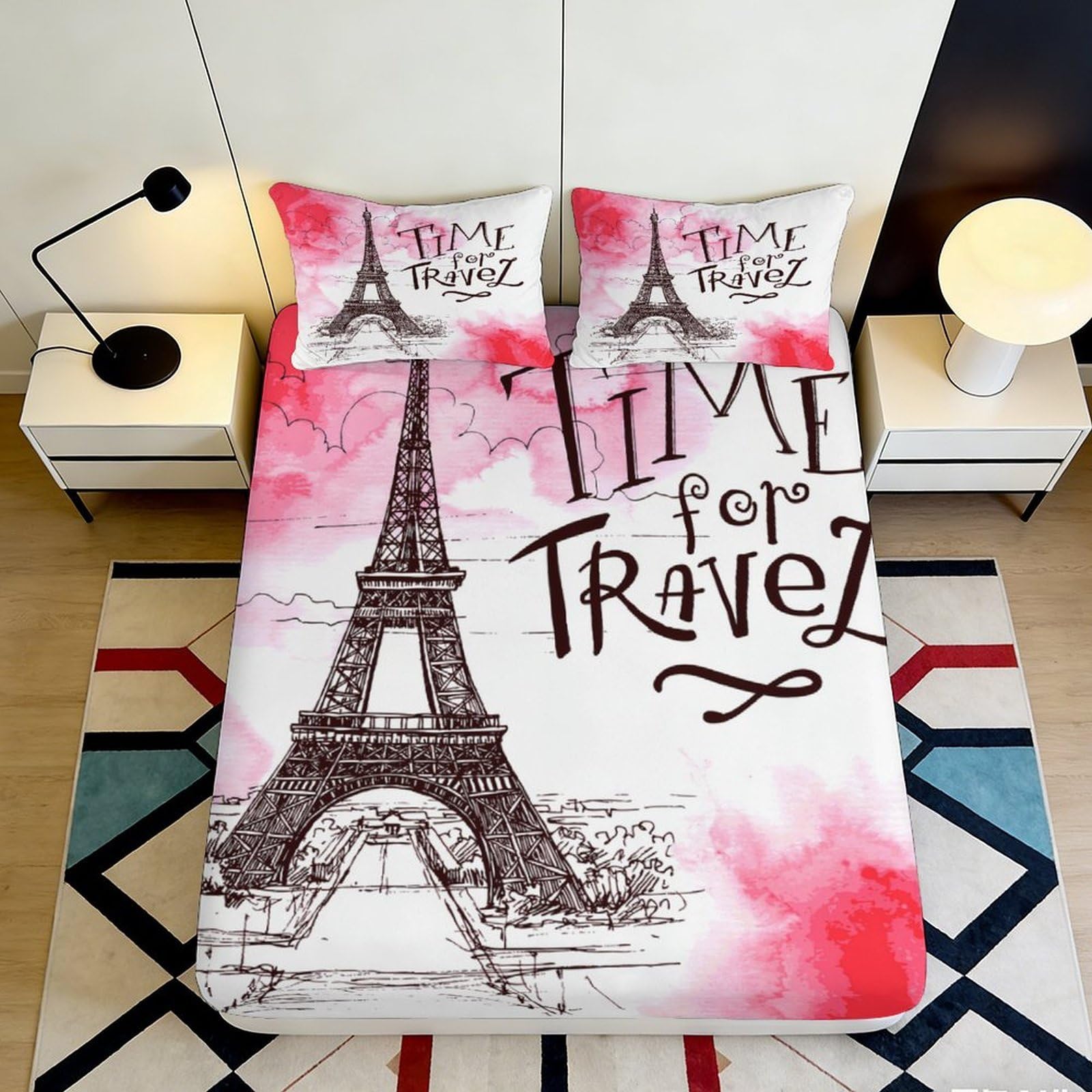 3D Printed Eiffel Tower Pattern Fitted Sheet Microfiber Deep Pocket Bedroom Bedding Eiffel Tower Mattress Fitted Cover 200x200x25cm