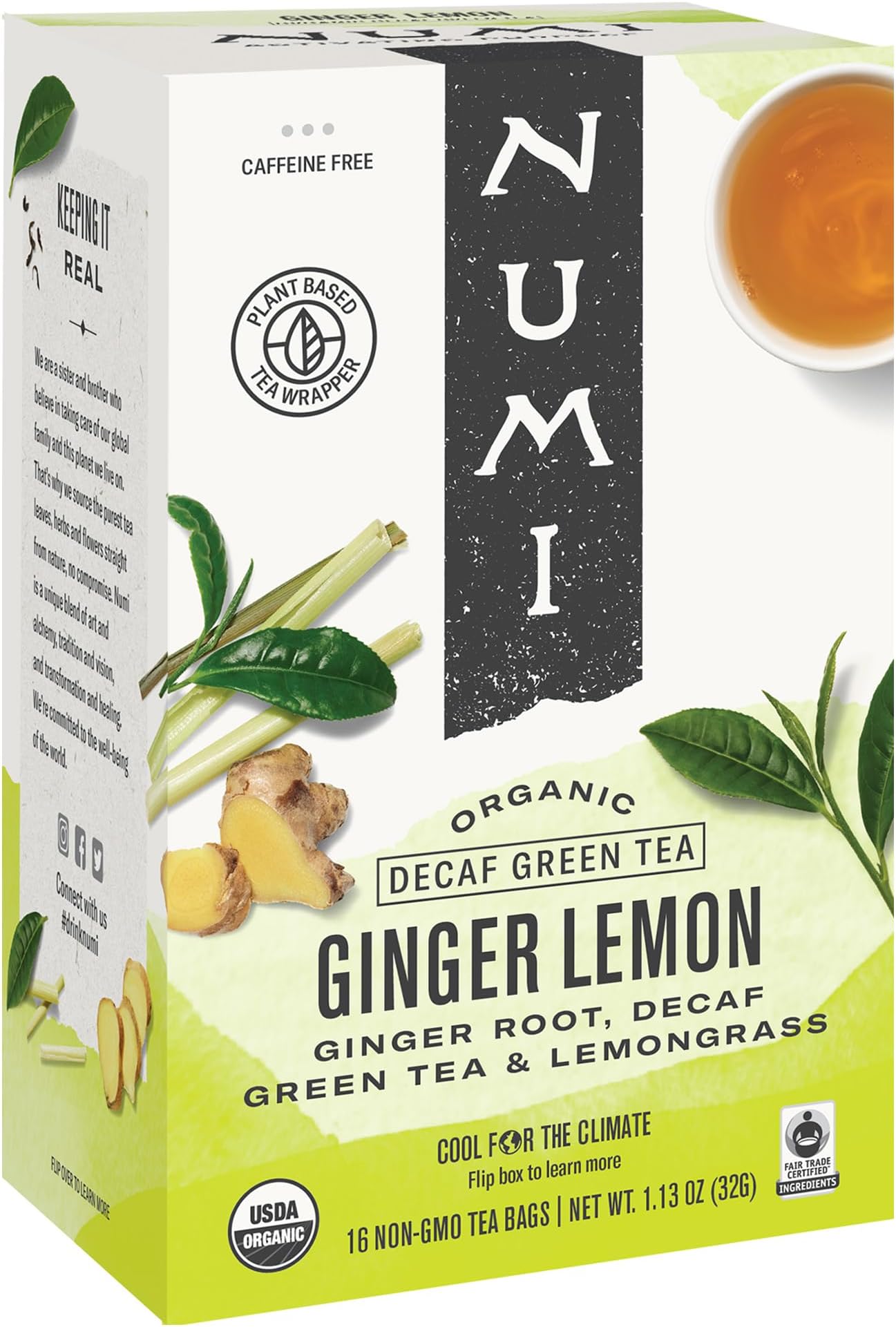 Organic Ginger Lemon Decaf Tea, 16 Green Tea Bags, Micro-Plastic Free