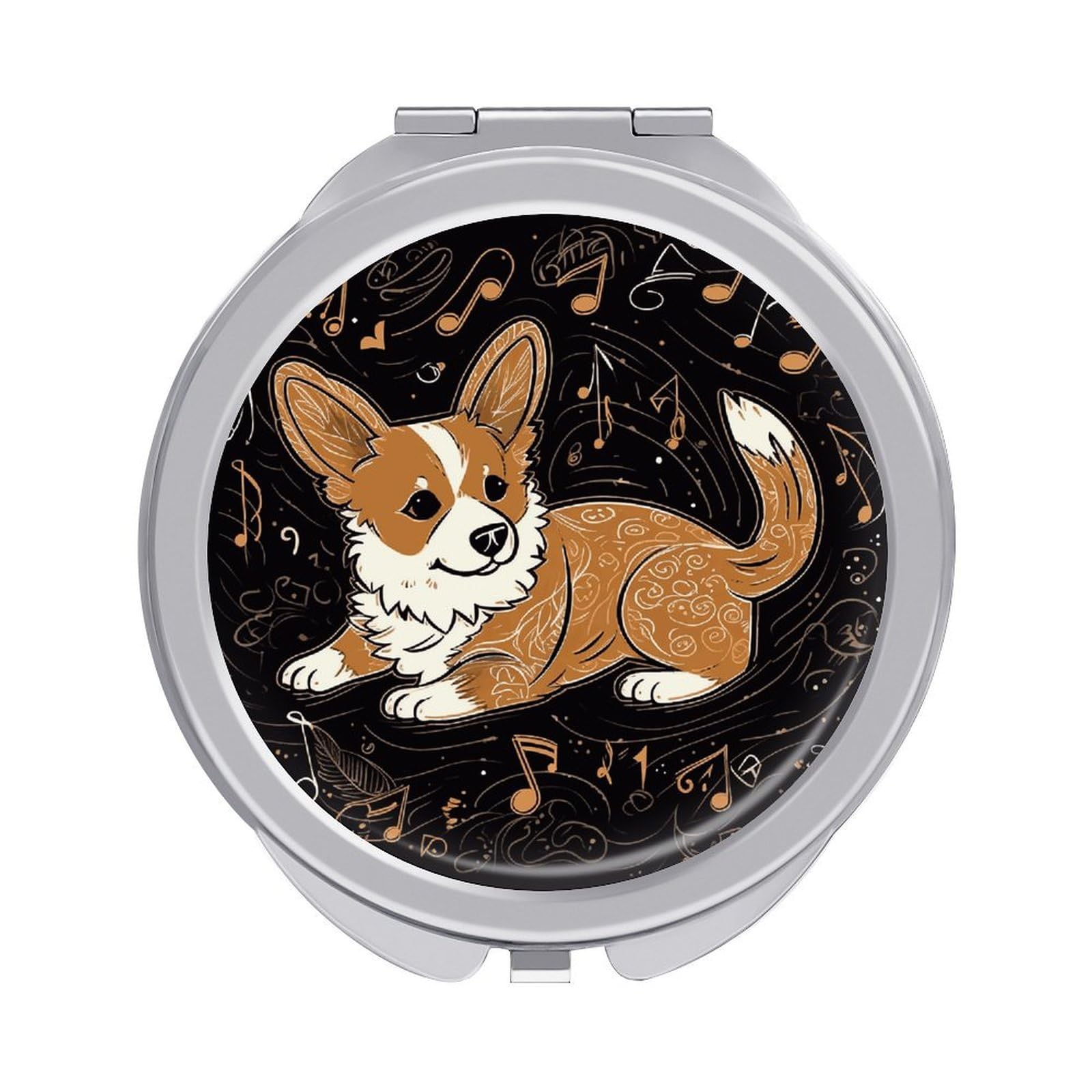 JTREHY Corgi Who Loves Music Makeup Mirror Silver Mirror Surface Folding Makeups Mirrors Lightweight Durable Looking Glass for Suitable Traveling Handbag and Purses