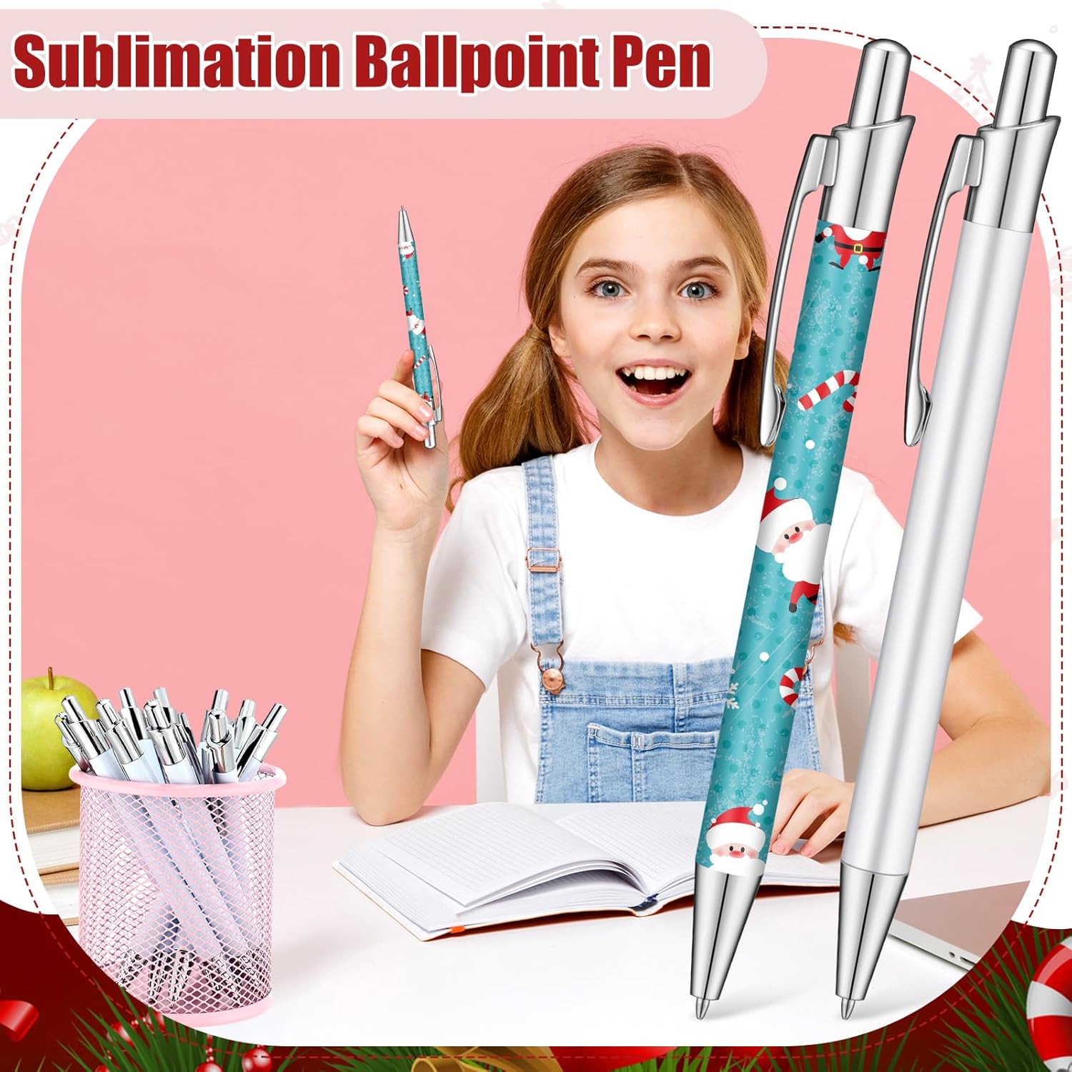Yexiya 50 Pcs Sublimation Pen Blank Heat Transfer Sublimation Ballpoint Pen with Clip Shrink Wrap White Aluminum Customized Gift Personalized Favor for Christmas DIY Office School Stationery Supplies