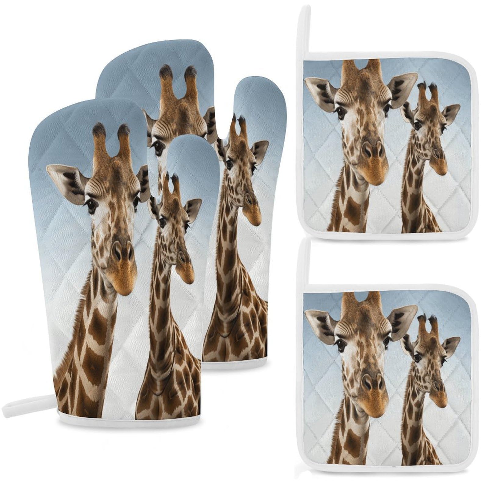 Fekiloot Style Necks Of Giraffe Oven Mitts And Pot Holders 4-Piece Set, Kitchen Oven Glove With Hanging Loop, Bbq Gloves For Cooking Baking Grilling