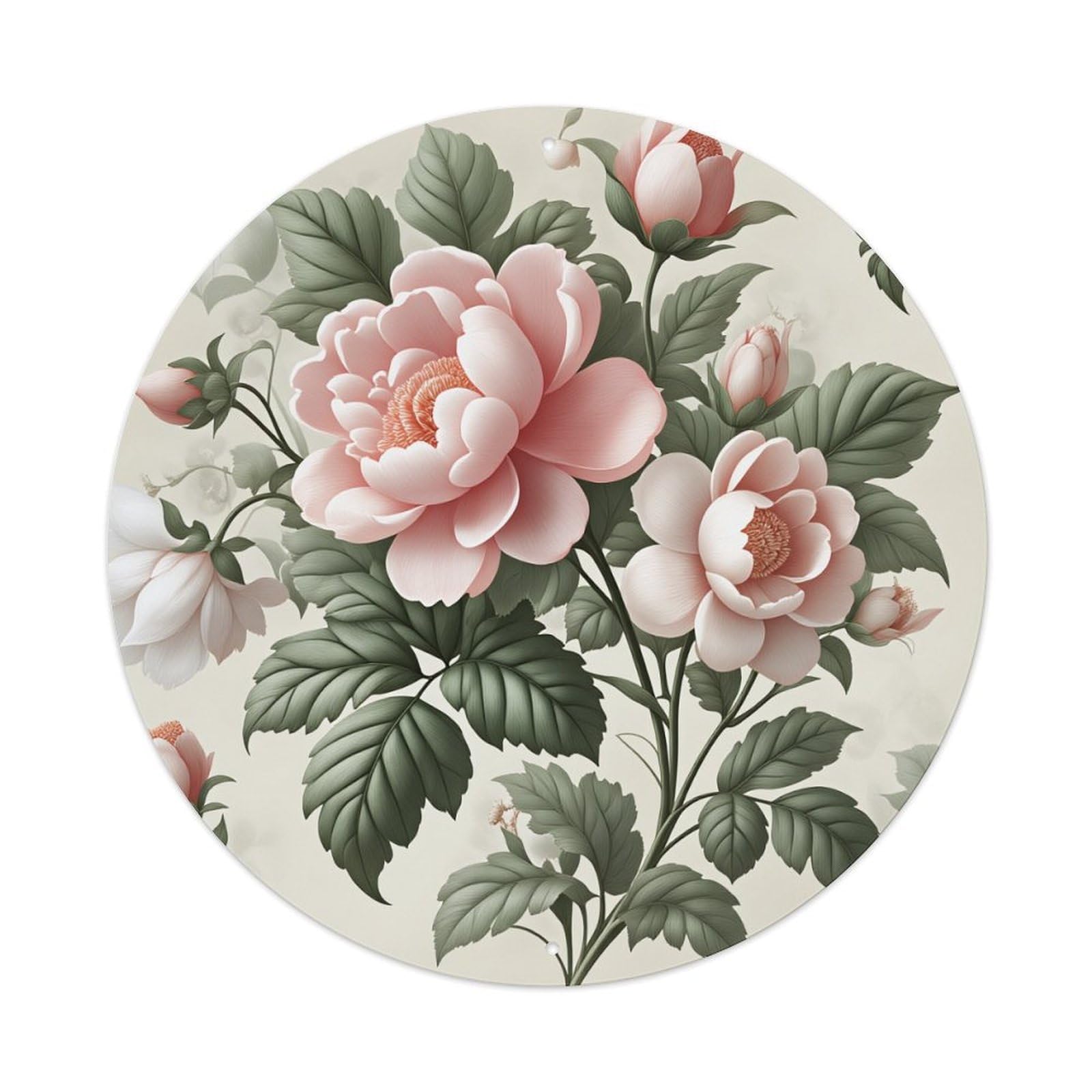 Pink Roses With Green Leaves Round Tin Sign Vintage Metal Poster Retro Bar, Home, Man Cave, Kitchen, Laundry Room Wall Art Decor Gift 8x8Inch