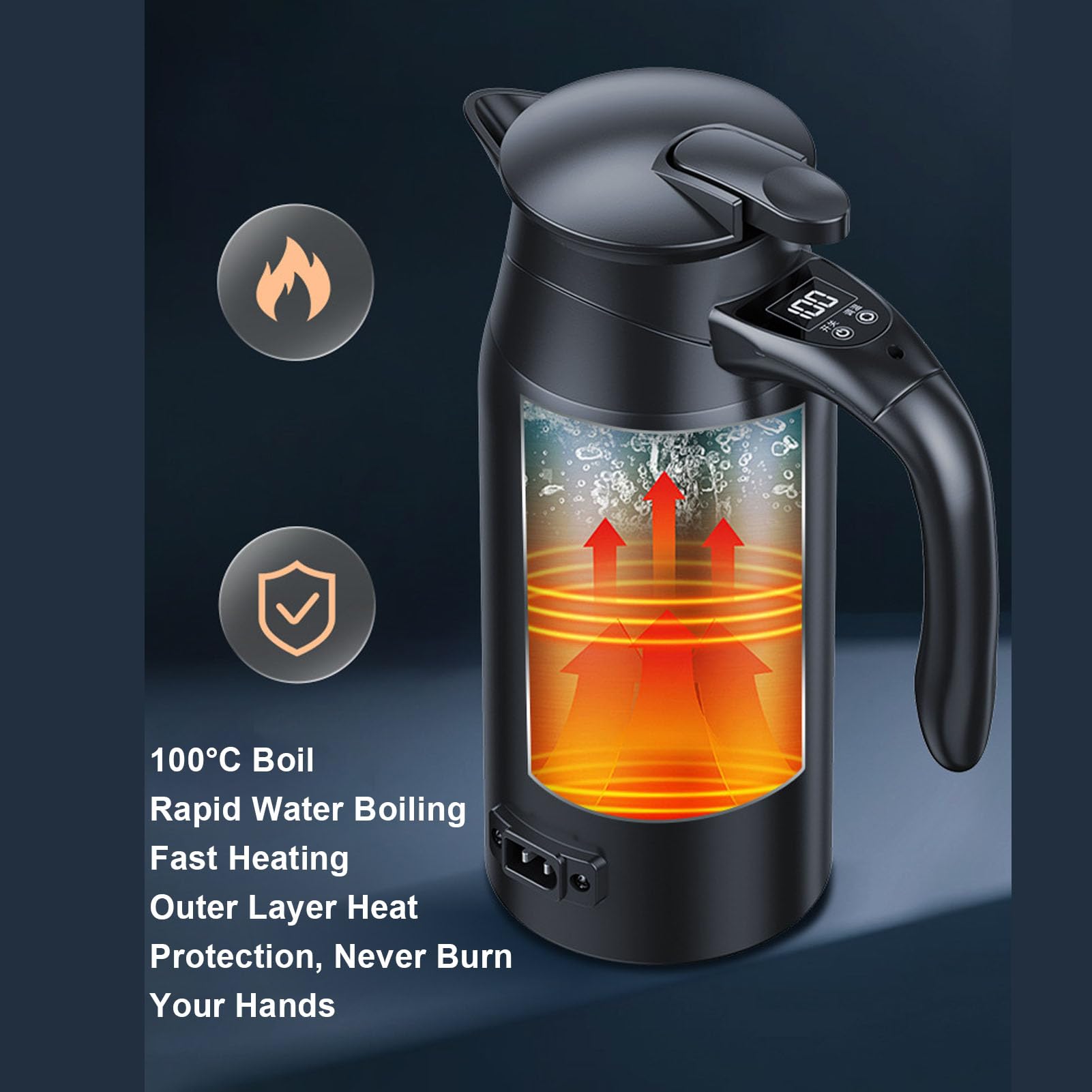 Hervidor Eléctrico para Automóvil Hervidor Eléctrico Portátil, Caldera de Agua Caliente con Pantalla Digital de Doble Capa de Acero Inoxidable 304 de 800 Ml para Viajes en