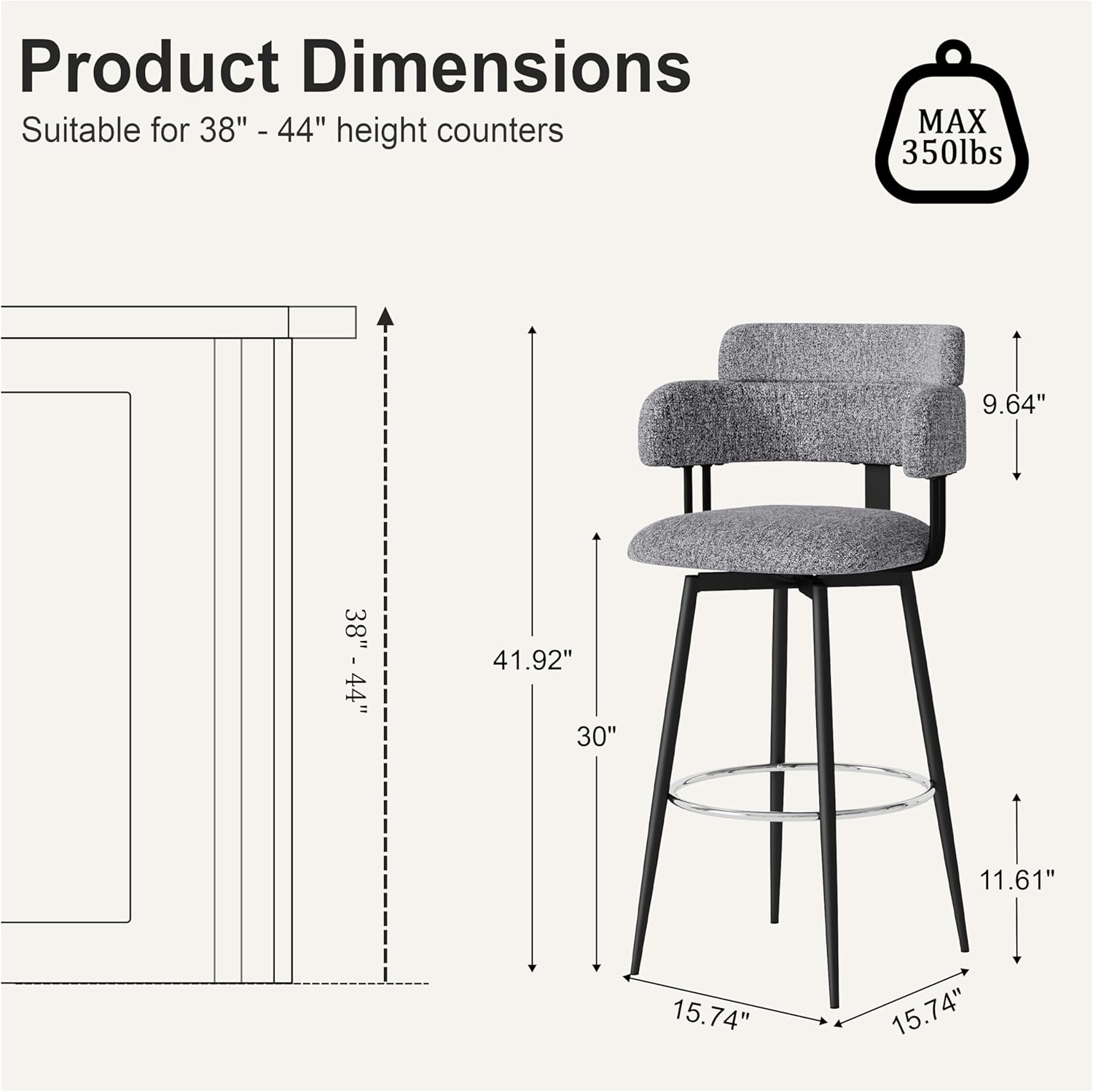Swivel Bar Stools Set of 2 – Counter Height Bar Stools with Linen Upholstery, Ergonomic Backrest, and Chrome Metal Feet for Kitchen Island (Gray, 30" Barstools)