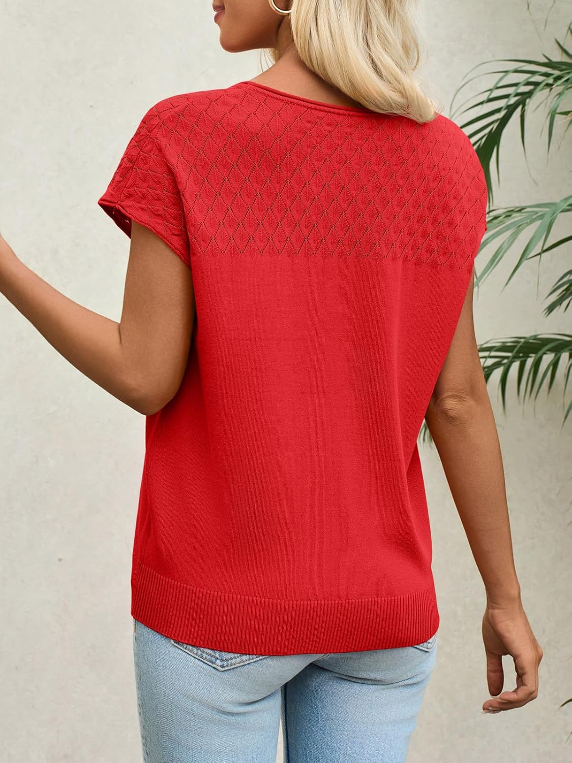 Imily Bela Womens Short Sleeve Sweaters Casual Crewneck Crochet Knit Summer Loose Trendy Pullover Tops - Image 3