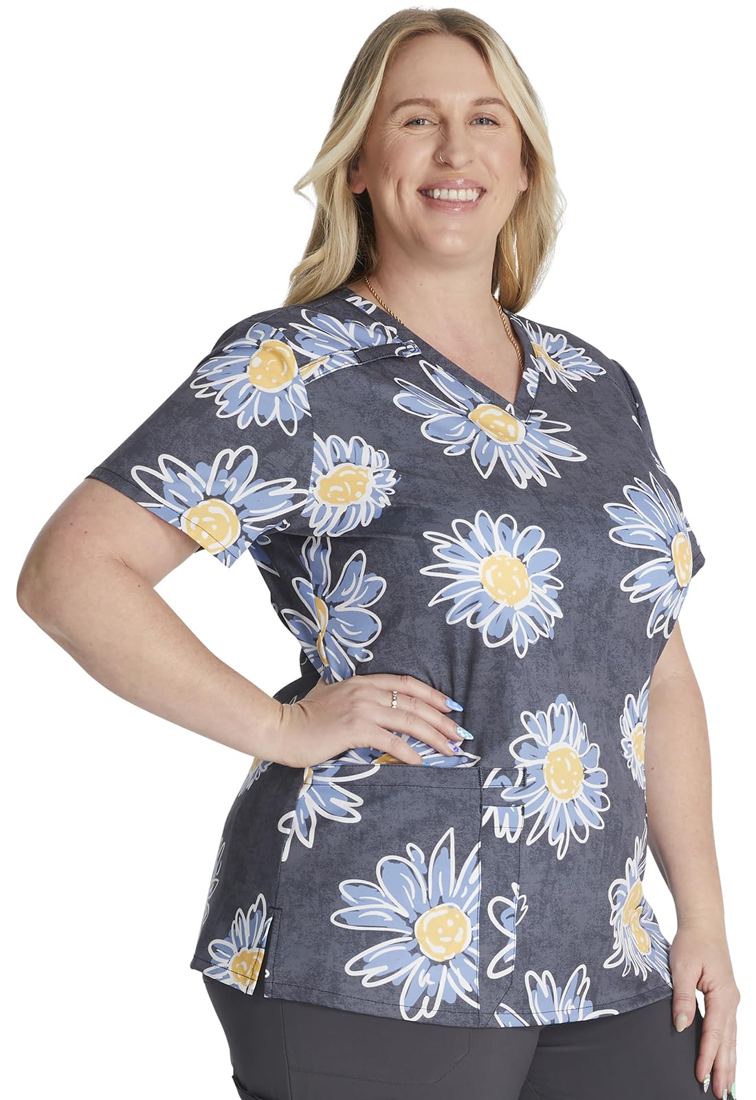 Dickies Damen Scrub Top Bedrucktes V-Ausschnitt Medizinisches Top mit 2 Taschen, Druckknopfverschluss & Instrumentenschlaufen - DK616