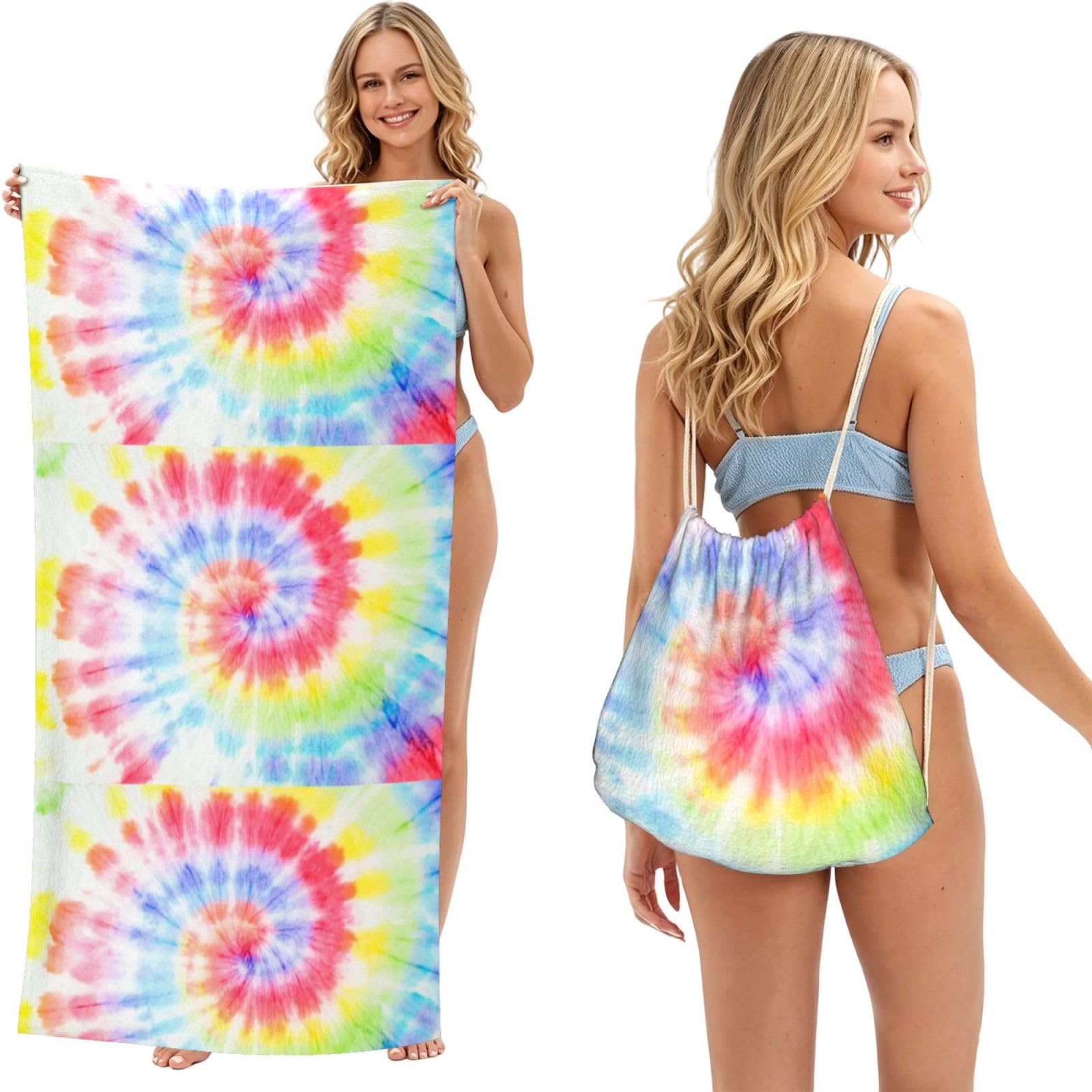 Poadnly As Picture Tie Dye Rainbow Spiral Swirl, 2 In 1 Packable Towel Bag, Beach Towels With Drawstring Backpack For Travel Holiday Camping