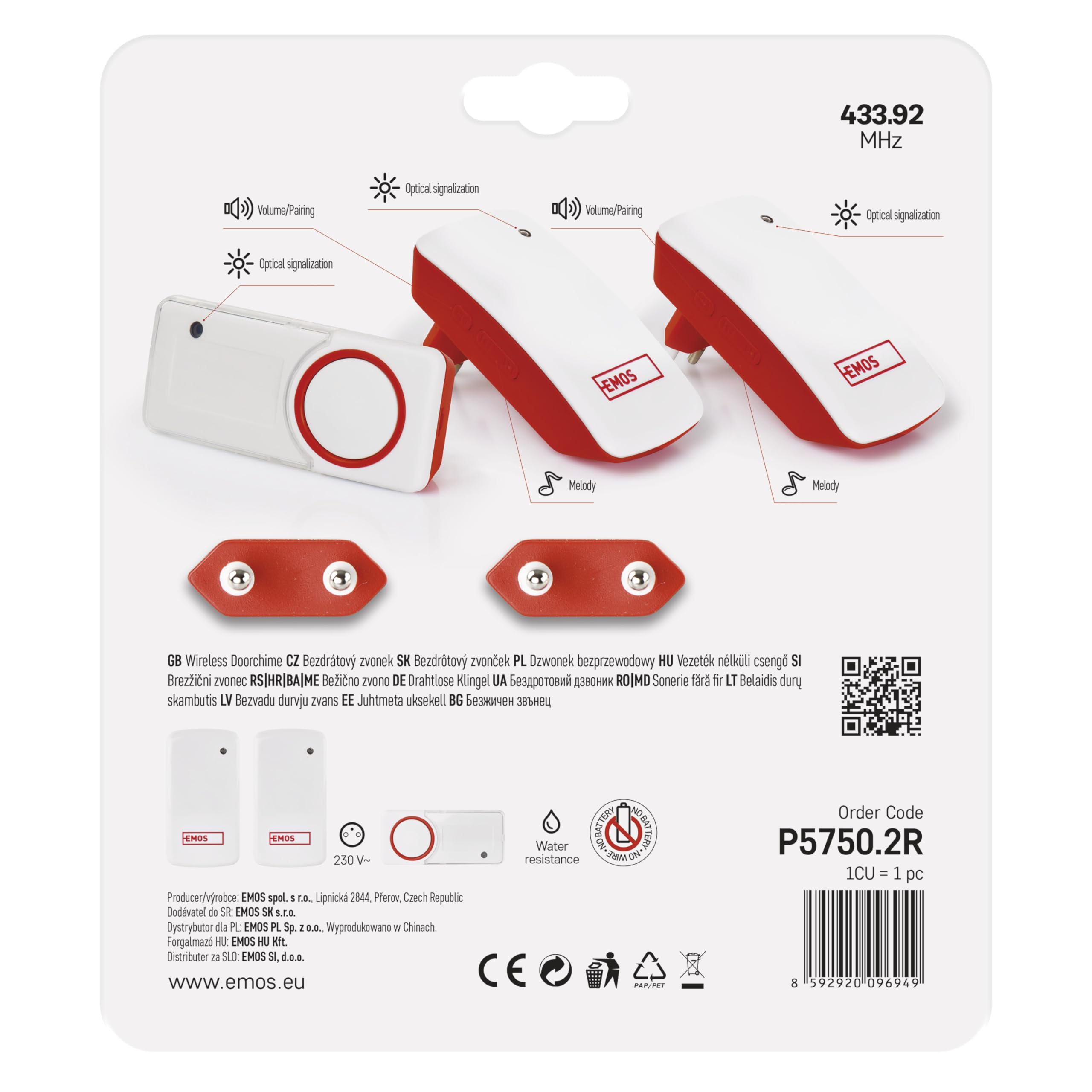 EMOS Juego de Timbre inalámbrico sin batería, con 2 receptores, Alcance de 150 m y 10 Tonos de Timbre, 5 Niveles de Volumen hasta 110 dB, indicador Visual, emparejamiento de autoaprendizaje, Color