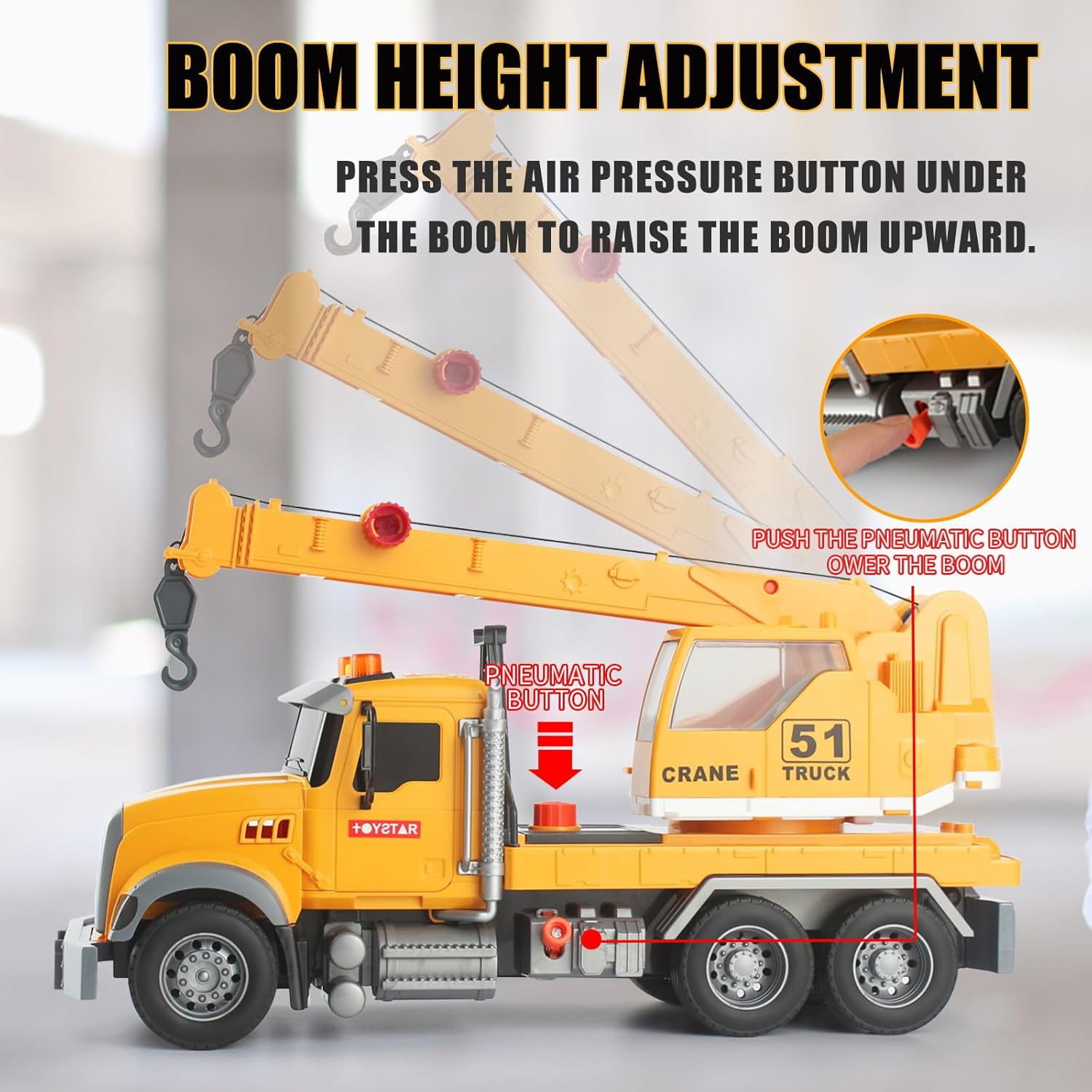 Adjusting boom height on crane truck with pneumatic button