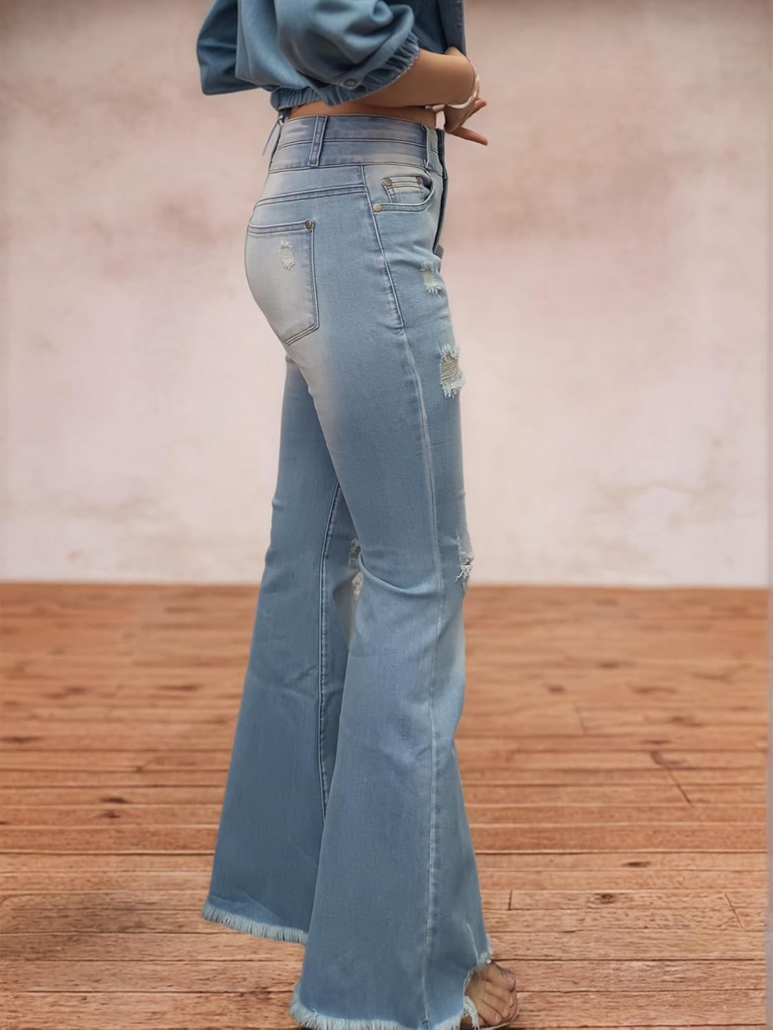 Flamingals Flare Bell Bottom Jeans for Women Raw Hem High Waist - Image 3
