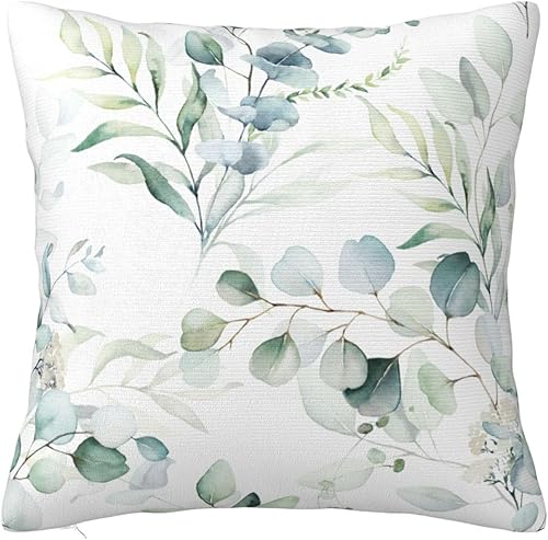 Funda de almohada de hojas verdes salvia acuarela de 18 x 18 pulgadas para sofá, cama, decoración del hogar