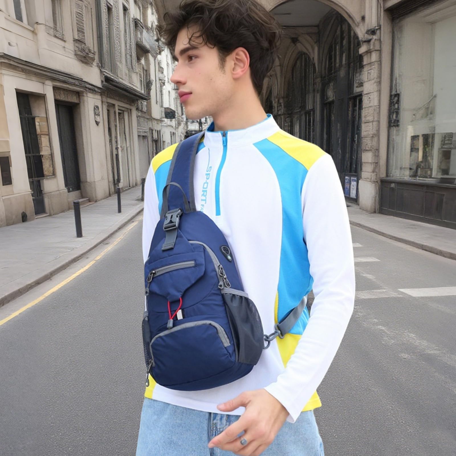 Aucuu Sling plecak, torba na klatkę piersiową, mała torba na ramię, wielofunkcyjna torba crossbody, torba na ramię z otworem na słuchawki, plecak na ramię, na wędrówki, podróże, wspinaczkę, dla