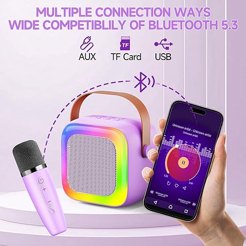 Miniatura 5 de Mini máquina de karaoke para niños, adolescentes y adultos, máquina de karaoke para niños con 2 micrófonos inalámbricos y luces LED, juguetes para