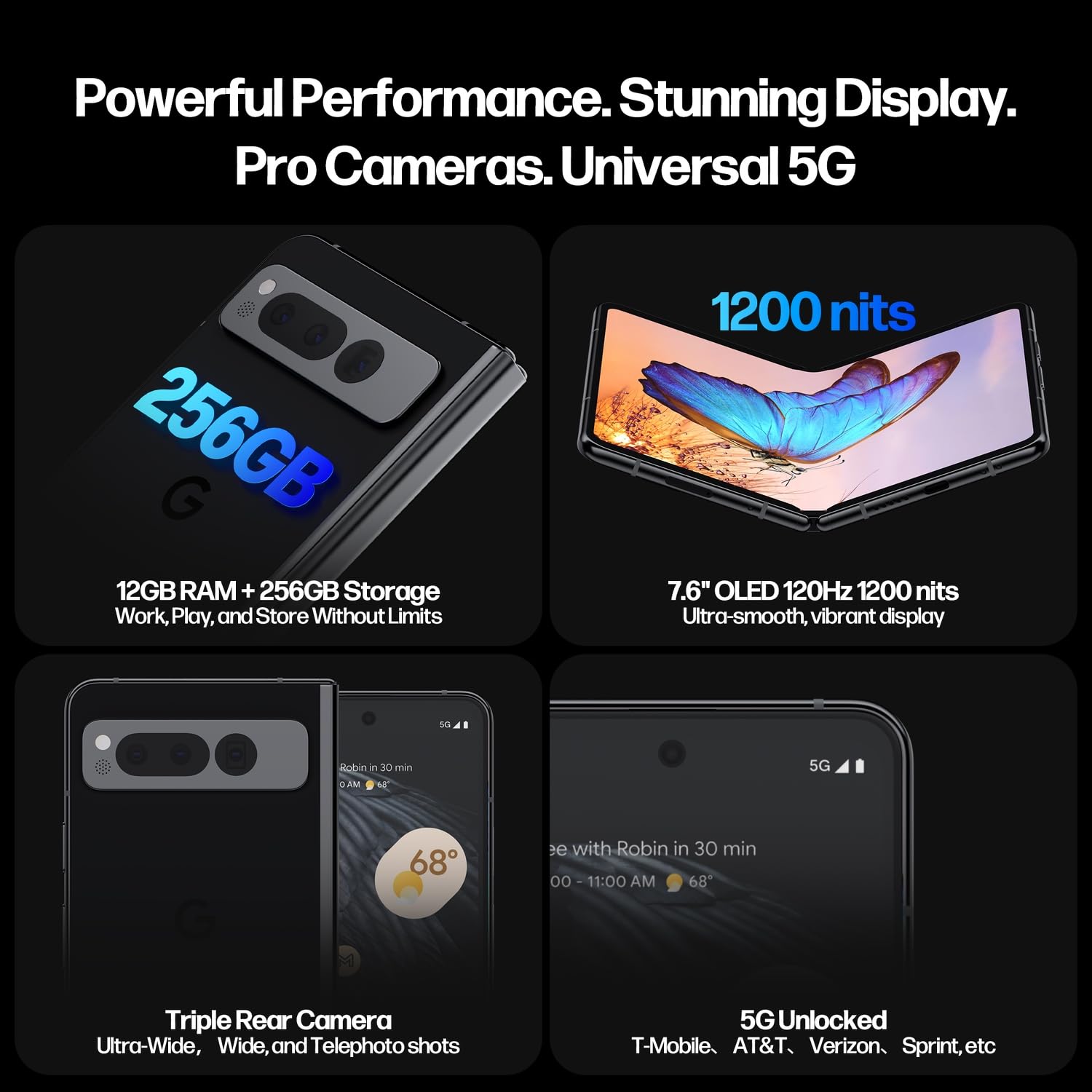 Google Pixel Fold Phone - Unlocked Android 5G Smartphones with 7.6" OLED Display, 256GB Storage, 12GB RAM, Triple Camera, Foldable Split-Screen Design, 24Hr Battery, Wireless Charging Bundle, Obsidian