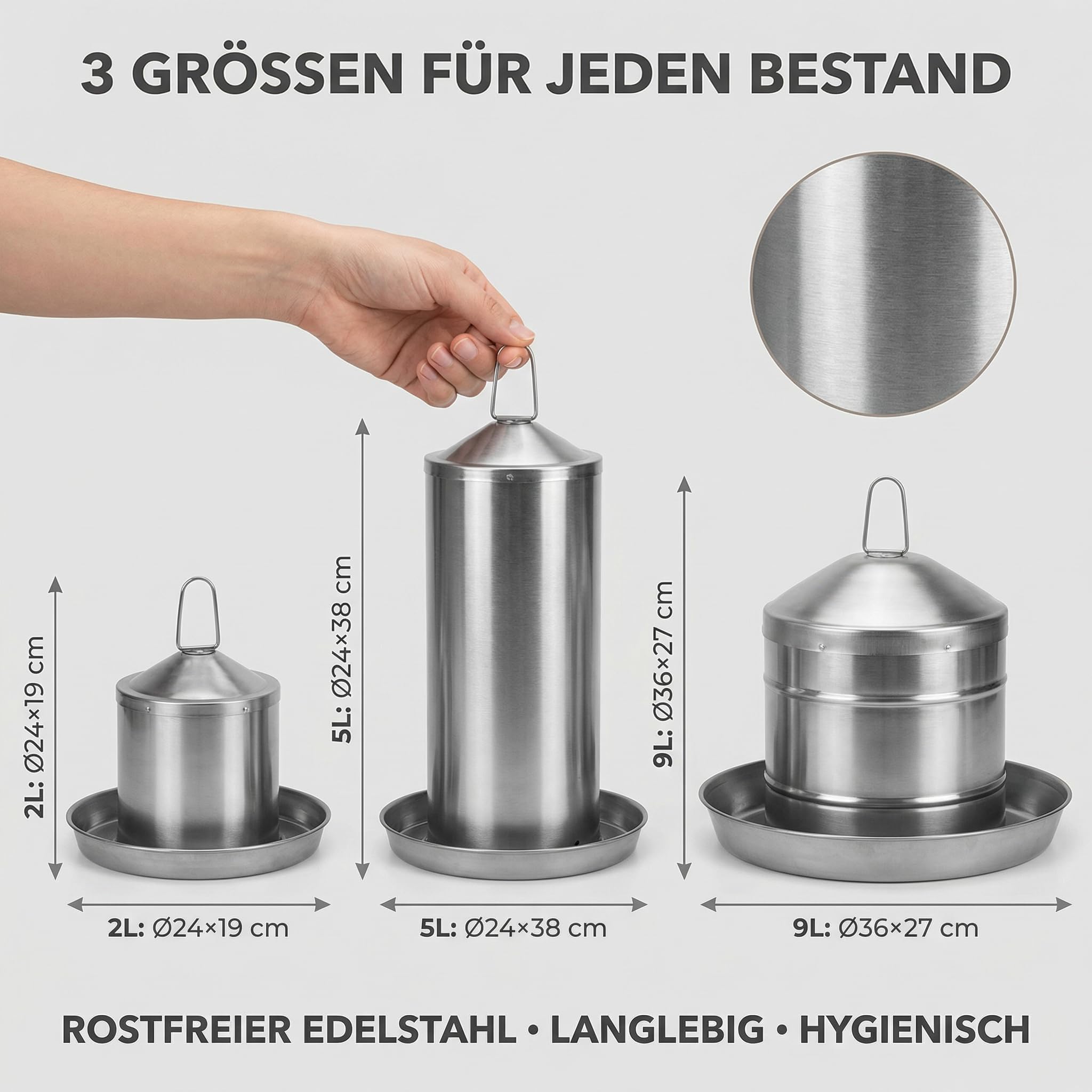 Bebedero para pollos de acero inoxidable, 2 l, bebedero para aves de corral para gallinas | Para codornices y patos, colgantes o de pie, resistente a los rayos UV, a las heladas, fácil de limpiar, fabricado en la UE