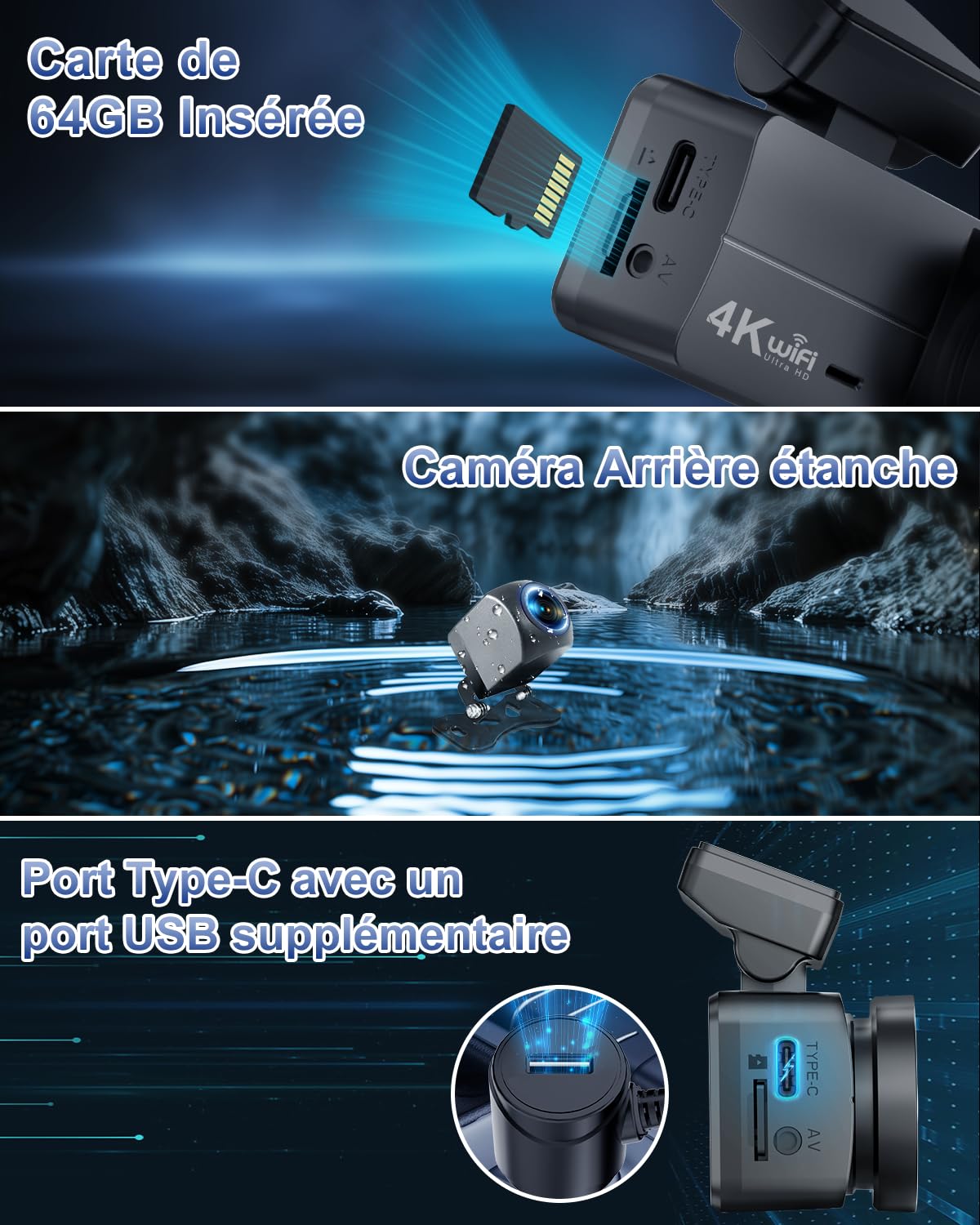 Dash Cam Auto 4K+1080P, Scheda 64GB Inserita, WiFi Telecamera per Auto, Super Dashcam con Visione Notturna, Modalità Parcheggio 24H, Sensore G, Dash Cam con Registrazione in Loop