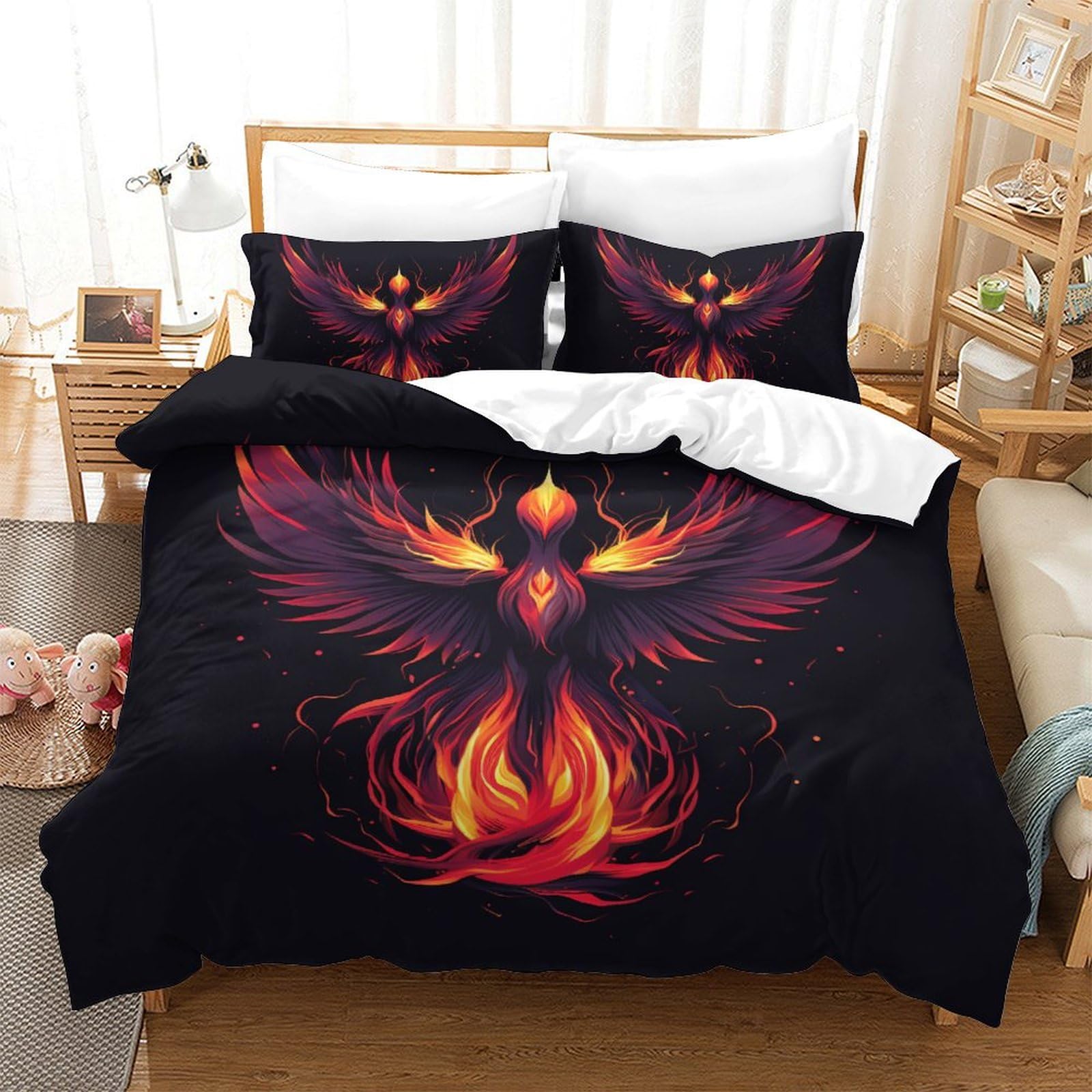 Zestaw pościeli z nadrukiem Fire Le Phoenix 3D 3 szt. Poszwa na kołdrę z mikrofibry z poszewką na poduszkę Dzieci Nastolatki z podwójnym zamkiem błyskawicznym (200 x 200 cm)