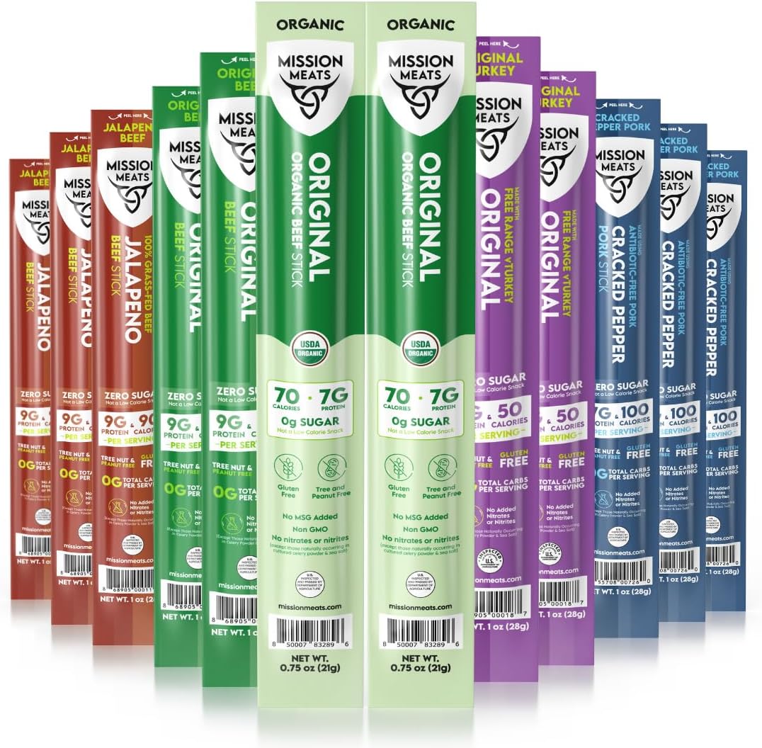 Mission Meats Variety Pack with Certified Organic Beef, Grass Fed, Free Range Turkey, and Cracked Pepper Pork – Gluten & Sugar Free, Whole 30 & Paleo Friendly, Delicious and Family Friendly (12ct)