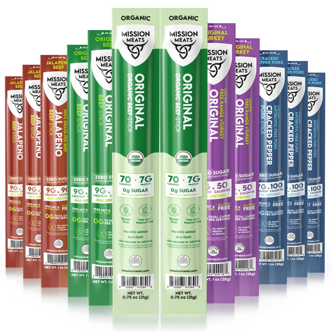 Mission Meats Variety Pack with Certified Organic Beef, Grass Fed, Free Range Turkey, and Cracked Pepper Pork – Gluten & Sugar Free, Whole 30 & Paleo Friendly, Delicious and Family Friendly (12 Count)