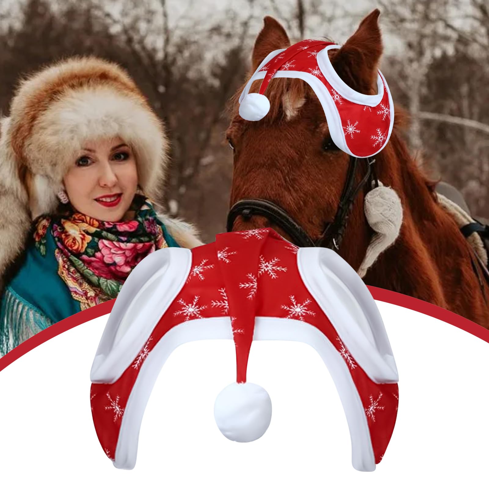 Cappello di Natale per cavallo, Babbo Natale sui, copertura per la testa con motivo fiocco di neve, costume decorativo per equitazione invernale e eventi festivi