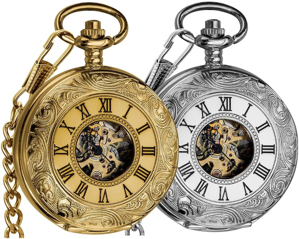 VIGOROSO Mens Pocket Watch with Chain Half Hunter Double Cover Skeleton Mechanical Watches Gold in Box Mens Pocket Watch Half Hunter Double Cover Skeleton Mechanical Men Watches Dad Gifts