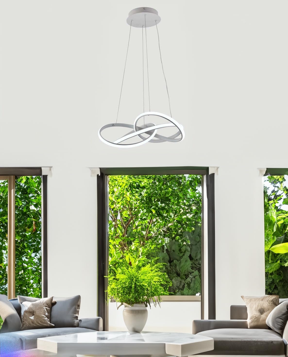 Arcadia Lampadario a Sospensione 4100LM 53W 50cm - Modello Iride (Bianco) | Lampadario Camera da Letto Soggiorno Cucina con Luce Calda e Fredda Dimmerabile, Telecomando e App inclusi - Finitura Bianca