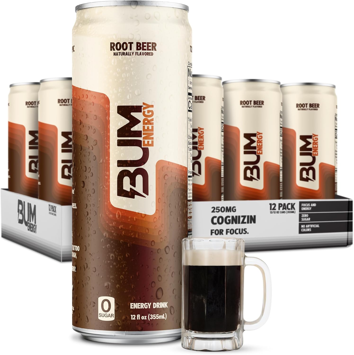 BUM Sugar-Free Energy Drink, Root Beer - Lightly Carbonated & No Artificial Colors, Natural Caffeine & Citicoline for Energy & Focus, Brain Boost & Workout Sports Beverage - 12 oz, Pack of 12