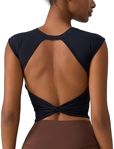 ABOCIW Women Twist Back Workout Top with Built in Bra Cap Sleeve Pilates Yoga Crop Top Athletic Gym Shirt - Black - Small