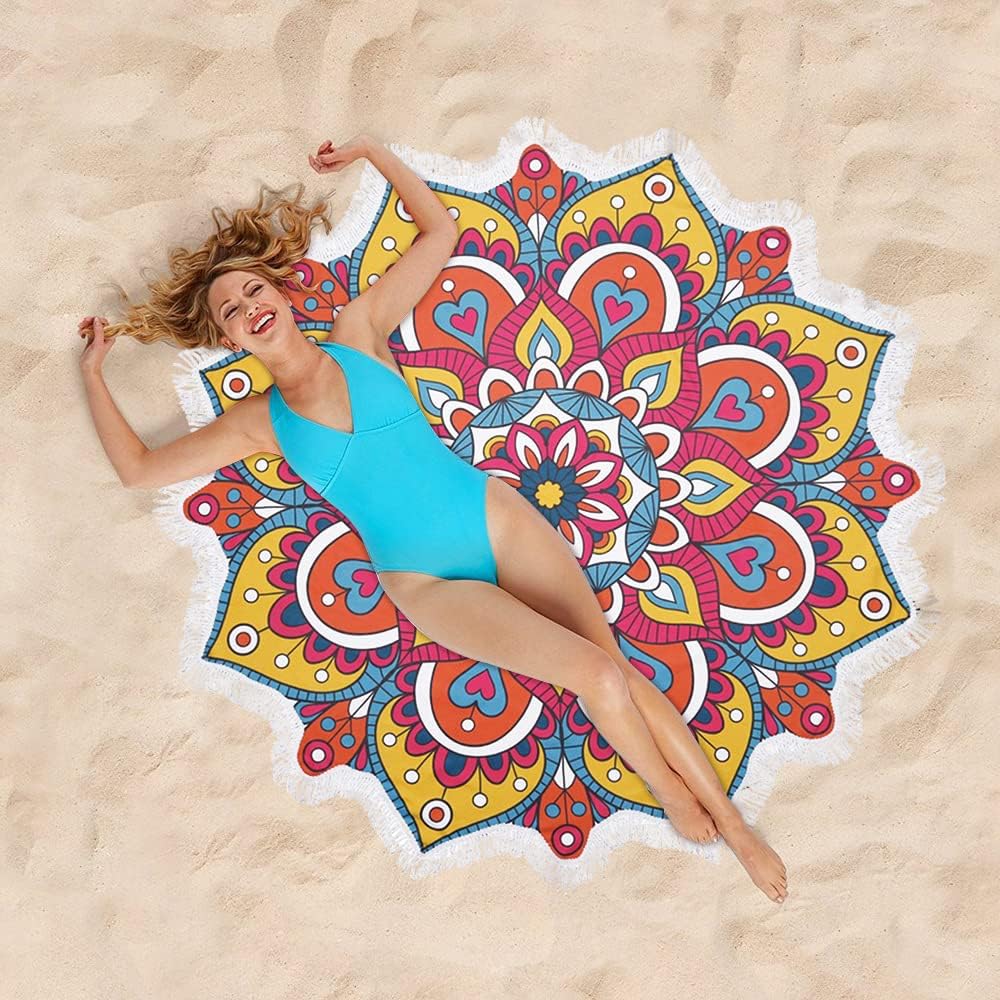 Violet Mist Mandala Round Beach Towel Blanket, Oversized Circle Microfiber Hippie Boho Bohemian Sandproof Flower Towel, Soft 60 inch Beach Towels with Tassels for Women Adult Swim Pool Yoga, Red
