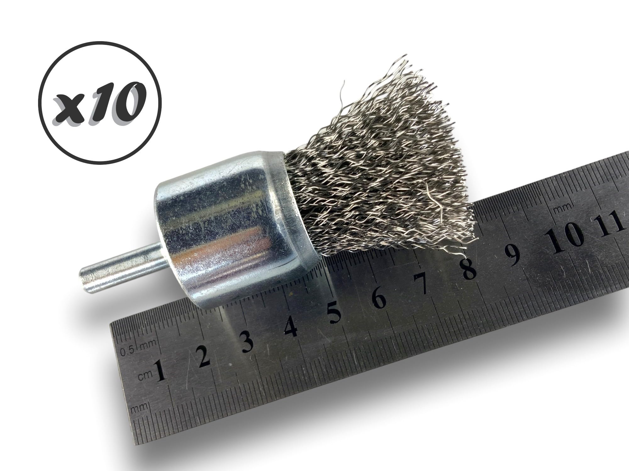Juego de 10 cepillos giratorios metálicos en punta Ø 28 mm | Forma de pincel sobre varilla Ø 6 mm | Alambre inoxidable Ø 0,30 mm duro | Para taladro o destornillador de mandril | Cepillado y decapado