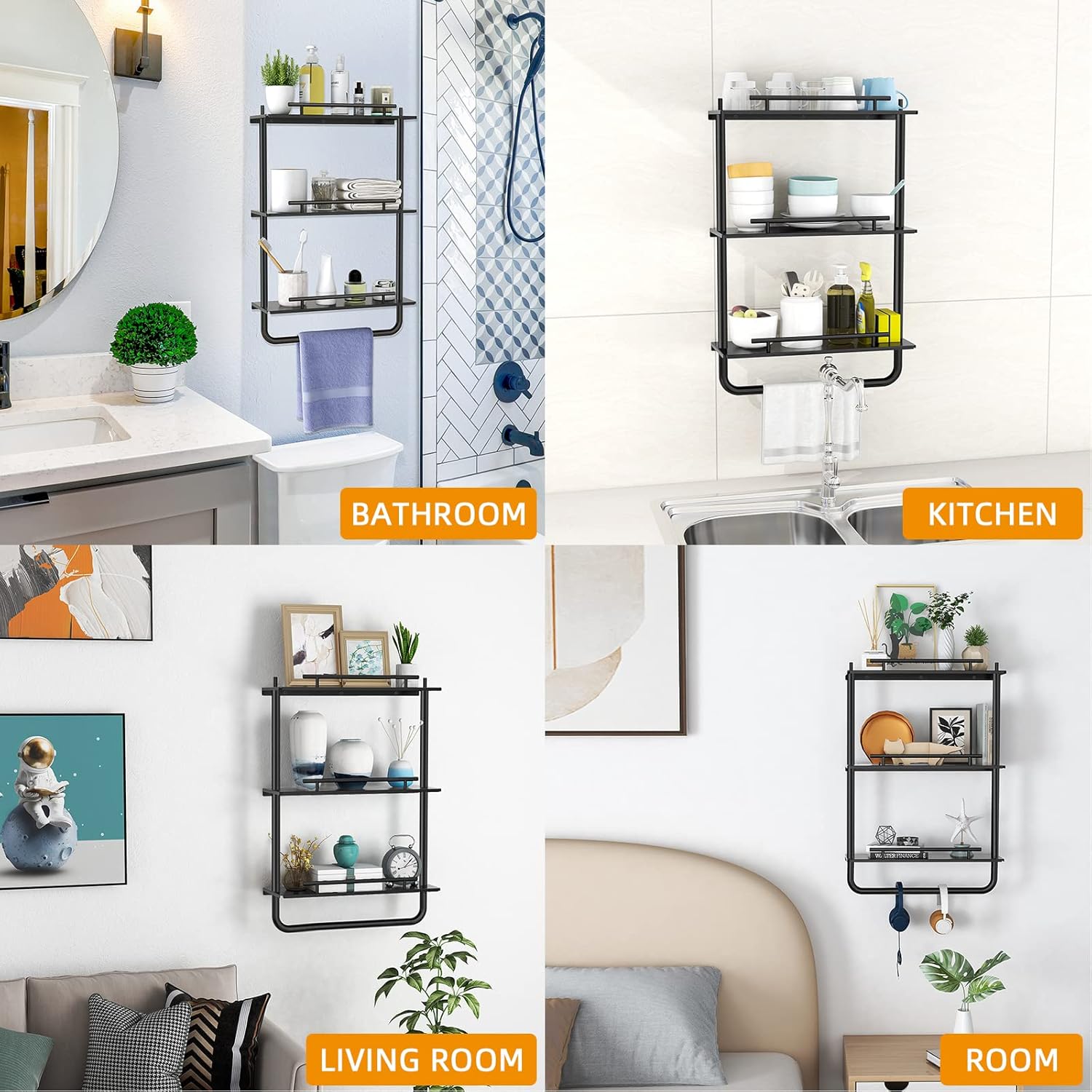 Floating Shelves, 3 Tier Wall Mounted Metal Floating Shelves Black with Frame and Towel Rack for Bathroom, Living Room, Bedroom, Kitchen